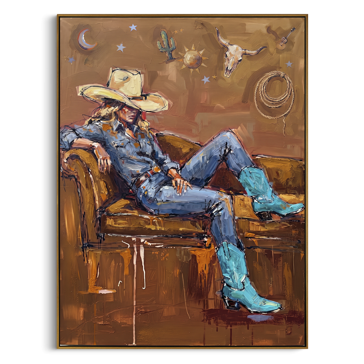 Mossy Mossy Seated Western Rider focuses on a relaxed western figure in a broad hat seated in a chair. The composition keeps the principal subject clearly separated from the painted field, so the eye can follow the specific gesture, silhouette, garment, fur, petal, ridge, or river visible in this artwork. Its color relationships move between green, brown, and yellow, with lighter passages opening the focal area and deeper strokes giving the forms weight. Palette-knife edges, impasto ridges