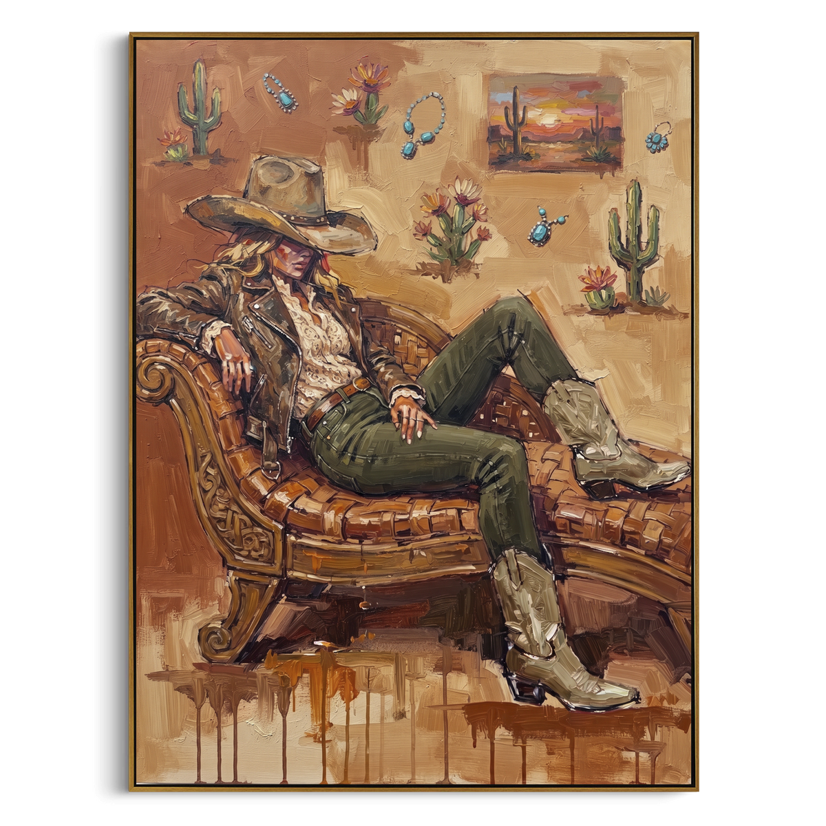 Golden Mossy Seated Western Rider focuses on a relaxed western figure in a broad hat seated in a chair. The composition keeps the principal subject clearly separated from the painted field, so the eye can follow the specific gesture, silhouette, garment, fur, petal, ridge, or river visible in this artwork. Its color relationships move between orange, black, and beige, with lighter passages opening the focal area and deeper strokes giving the forms weight. Palette-knife edges, impasto ridges
