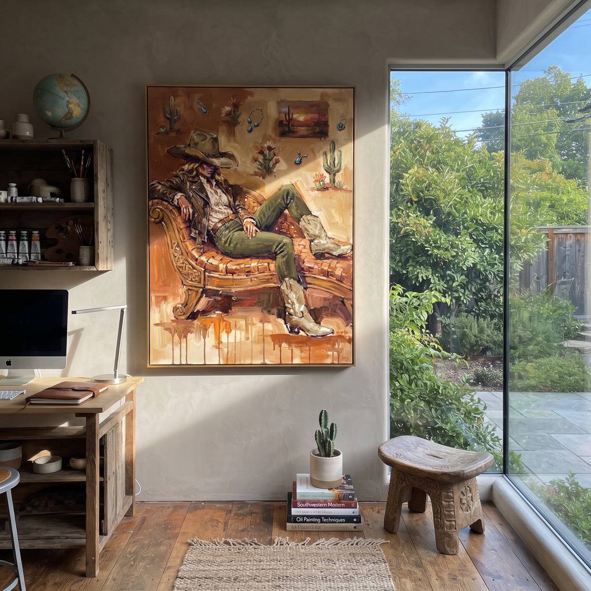 Golden Mossy Seated Western Rider focuses on a relaxed western figure in a broad hat seated in a chair. The composition keeps the principal subject clearly separated from the painted field, so the eye can follow the specific gesture, silhouette, garment, fur, petal, ridge, or river visible in this artwork. Its color relationships move between orange, black, and beige, with lighter passages opening the focal area and deeper strokes giving the forms weight. Palette-knife edges, impasto ridges