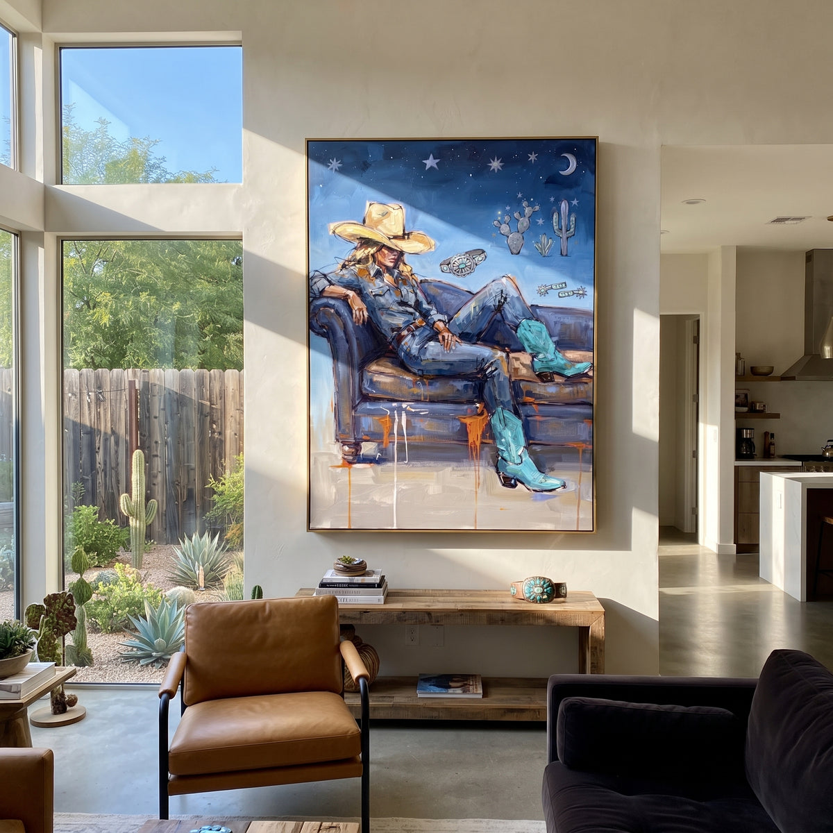 Soft Mossy Seated Western Rider focuses on a relaxed western figure in a broad hat seated in a chair. The composition keeps the principal subject clearly separated from the painted field, so the eye can follow the specific gesture, silhouette, garment, fur, petal, ridge, or river visible in this artwork. Its color relationships move between blue, red, and white, with lighter passages opening the focal area and deeper strokes giving the forms weight. Palette-knife edges, impasto ridges, broken