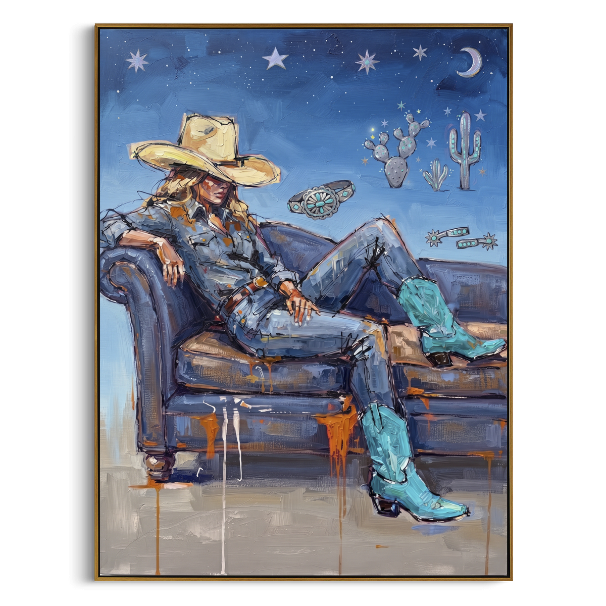 Soft Mossy Seated Western Rider focuses on a relaxed western figure in a broad hat seated in a chair. The composition keeps the principal subject clearly separated from the painted field, so the eye can follow the specific gesture, silhouette, garment, fur, petal, ridge, or river visible in this artwork. Its color relationships move between blue, red, and white, with lighter passages opening the focal area and deeper strokes giving the forms weight. Palette-knife edges, impasto ridges, broken