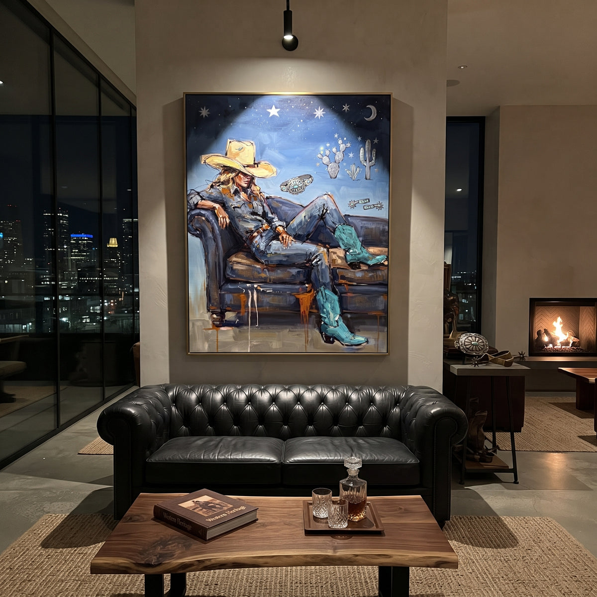 Soft Mossy Seated Western Rider focuses on a relaxed western figure in a broad hat seated in a chair. The composition keeps the principal subject clearly separated from the painted field, so the eye can follow the specific gesture, silhouette, garment, fur, petal, ridge, or river visible in this artwork. Its color relationships move between blue, red, and white, with lighter passages opening the focal area and deeper strokes giving the forms weight. Palette-knife edges, impasto ridges, broken