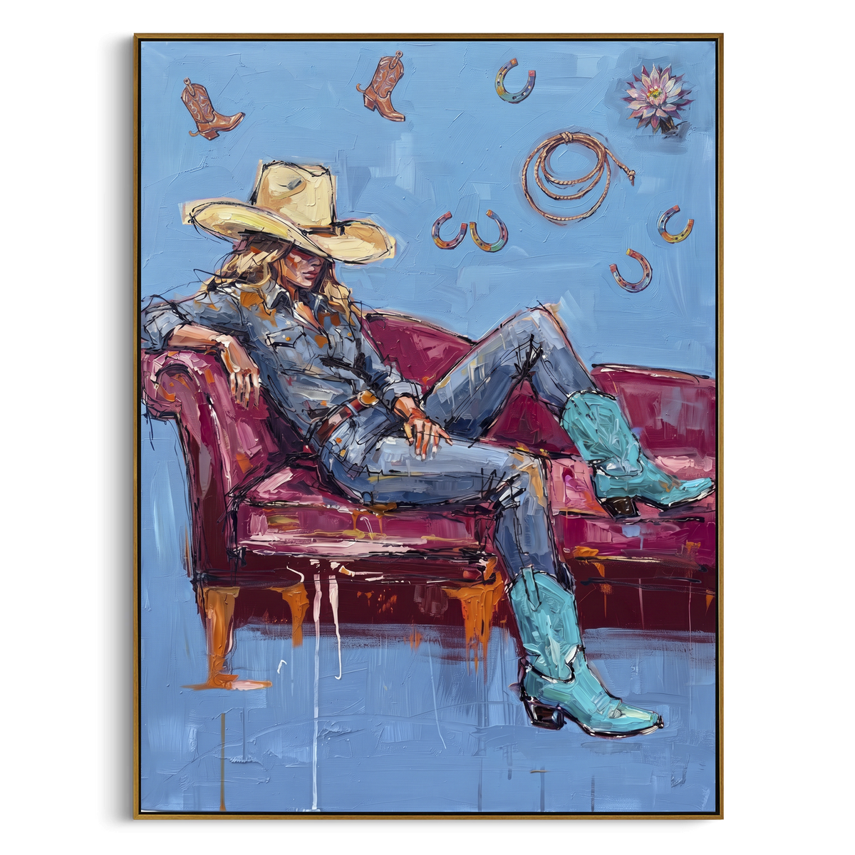Playful Mossy Seated Western Rider focuses on a relaxed western figure in a broad hat seated in a chair. The composition keeps the principal subject clearly separated from the painted field, so the eye can follow the specific gesture, silhouette, garment, fur, petal, ridge, or river visible in this artwork. Its color relationships move between beige, black, and blue, with lighter passages opening the focal area and deeper strokes giving the forms weight. Palette-knife edges, impasto ridges