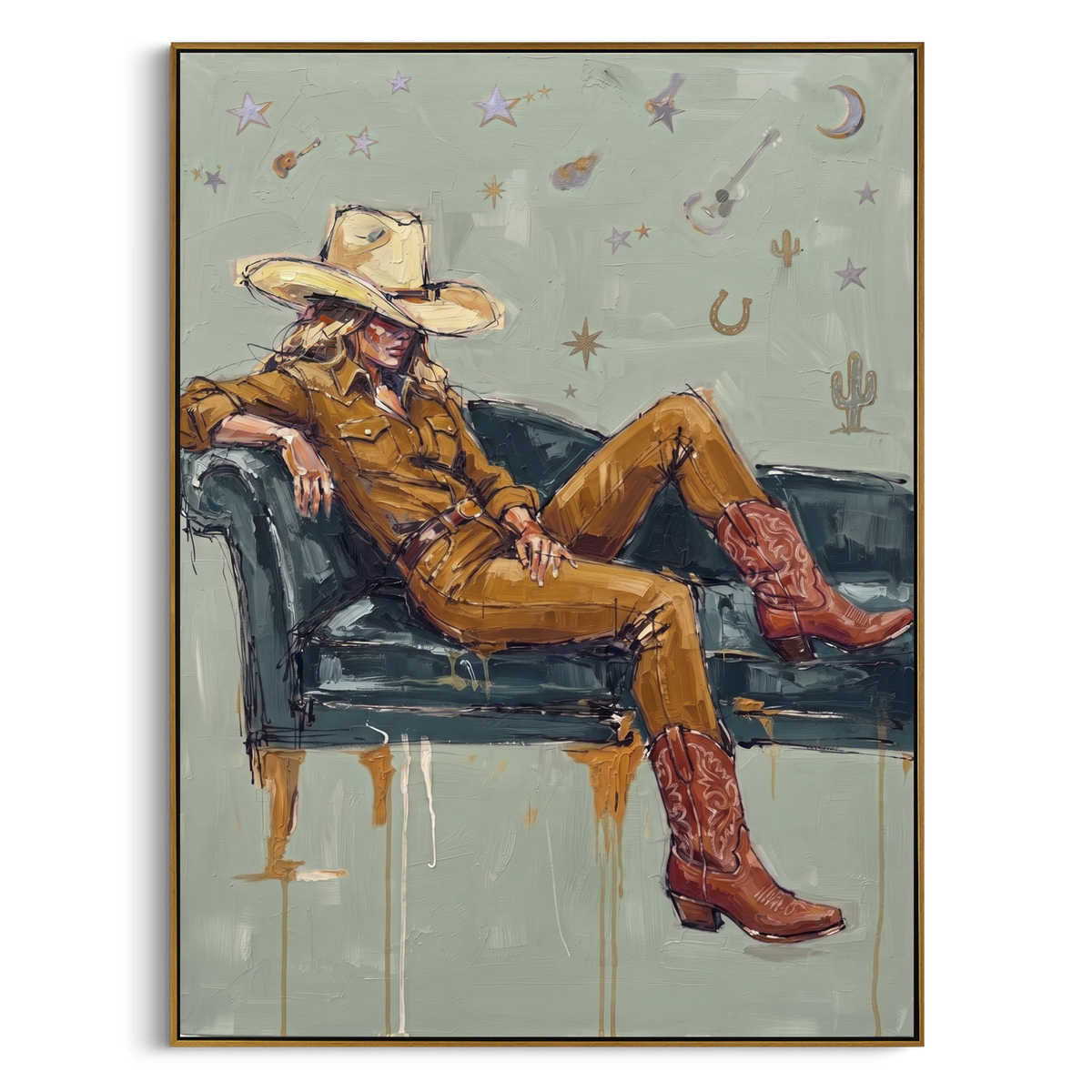 Distant Mossy Seated Western Rider focuses on a relaxed western figure in a broad hat seated in a chair. The composition keeps the principal subject clearly separated from the painted field, so the eye can follow the specific gesture, silhouette, garment, fur, petal, ridge, or river visible in this artwork. Its color relationships move between purple, green, and white, with lighter passages opening the focal area and deeper strokes giving the forms weight. Palette-knife edges, impasto ridges