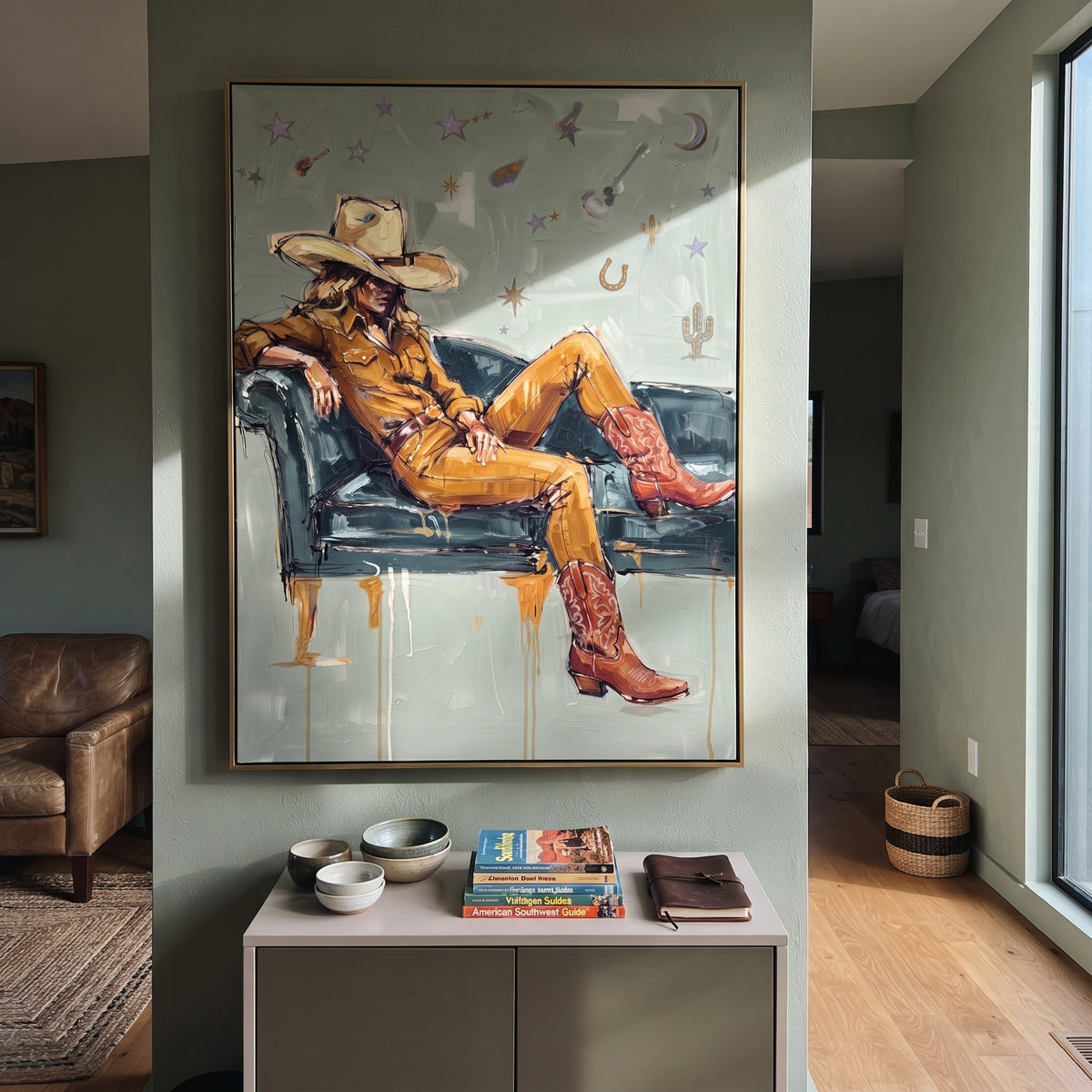 Distant Mossy Seated Western Rider focuses on a relaxed western figure in a broad hat seated in a chair. The composition keeps the principal subject clearly separated from the painted field, so the eye can follow the specific gesture, silhouette, garment, fur, petal, ridge, or river visible in this artwork. Its color relationships move between purple, green, and white, with lighter passages opening the focal area and deeper strokes giving the forms weight. Palette-knife edges, impasto ridges