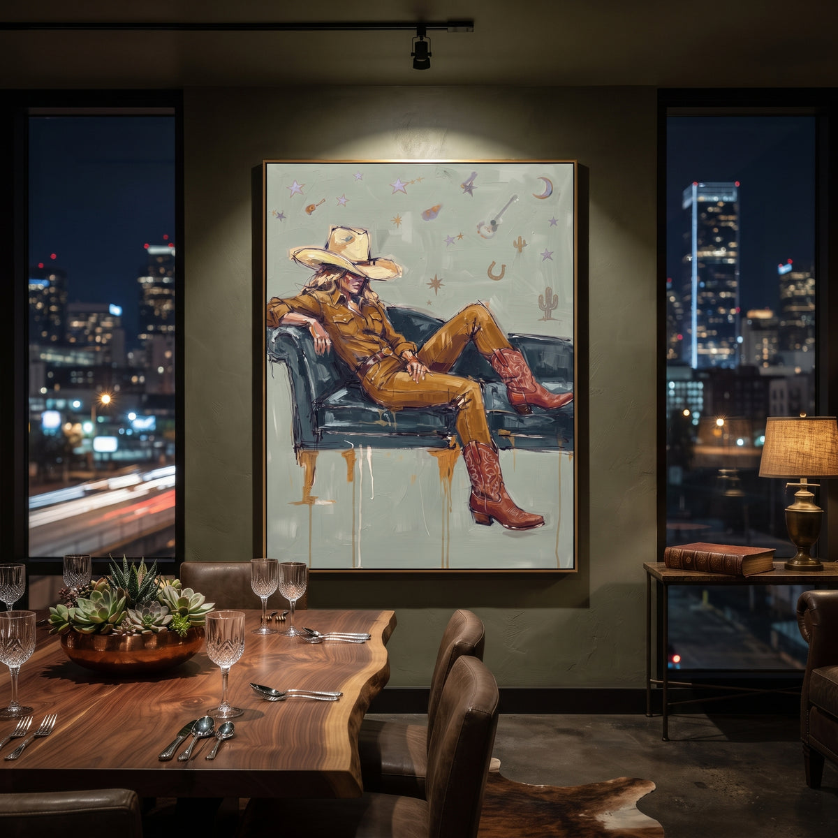 Distant Mossy Seated Western Rider focuses on a relaxed western figure in a broad hat seated in a chair. The composition keeps the principal subject clearly separated from the painted field, so the eye can follow the specific gesture, silhouette, garment, fur, petal, ridge, or river visible in this artwork. Its color relationships move between purple, green, and white, with lighter passages opening the focal area and deeper strokes giving the forms weight. Palette-knife edges, impasto ridges