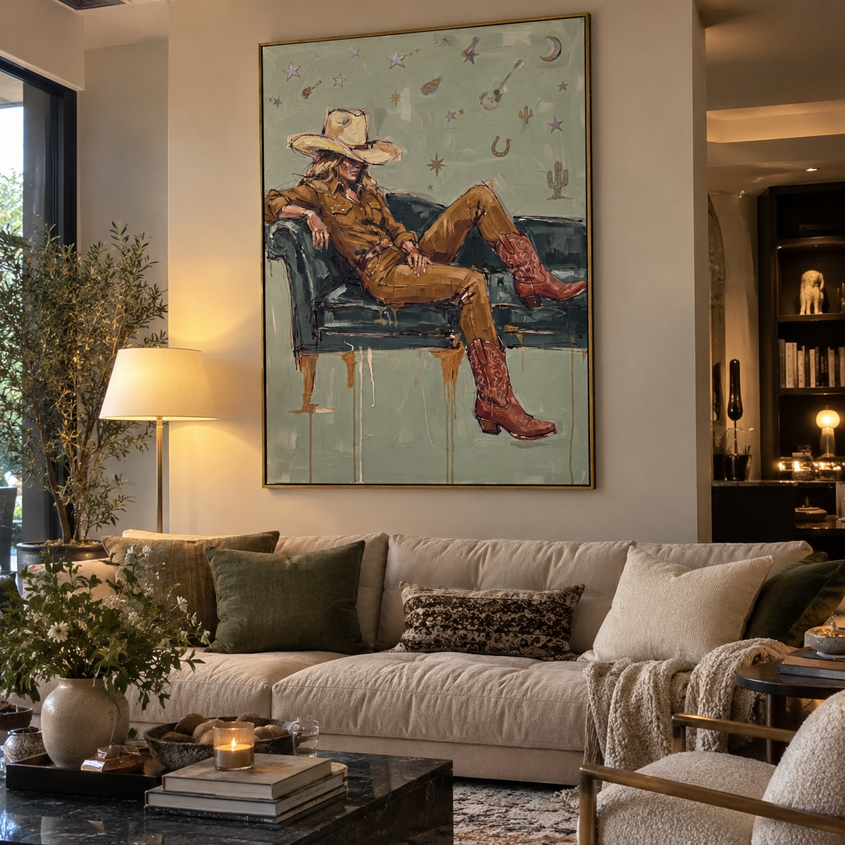 Distant Mossy Seated Western Rider focuses on a relaxed western figure in a broad hat seated in a chair. The composition keeps the principal subject clearly separated from the painted field, so the eye can follow the specific gesture, silhouette, garment, fur, petal, ridge, or river visible in this artwork. Its color relationships move between purple, green, and white, with lighter passages opening the focal area and deeper strokes giving the forms weight. Palette-knife edges, impasto ridges