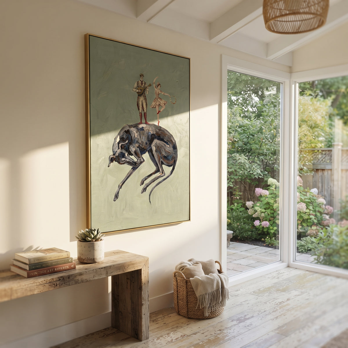 Open Mossy Long-Legged Horse focuses on a tall horse with performers and flags in a theatrical field. The composition keeps the principal subject clearly separated from the painted field, so the eye can follow the specific gesture, silhouette, garment, fur, petal, ridge, or river visible in this artwork. Its color relationships move between orange, black, and beige, with lighter passages opening the focal area and deeper strokes giving the forms weight. Palette-knife edges, impasto ridges