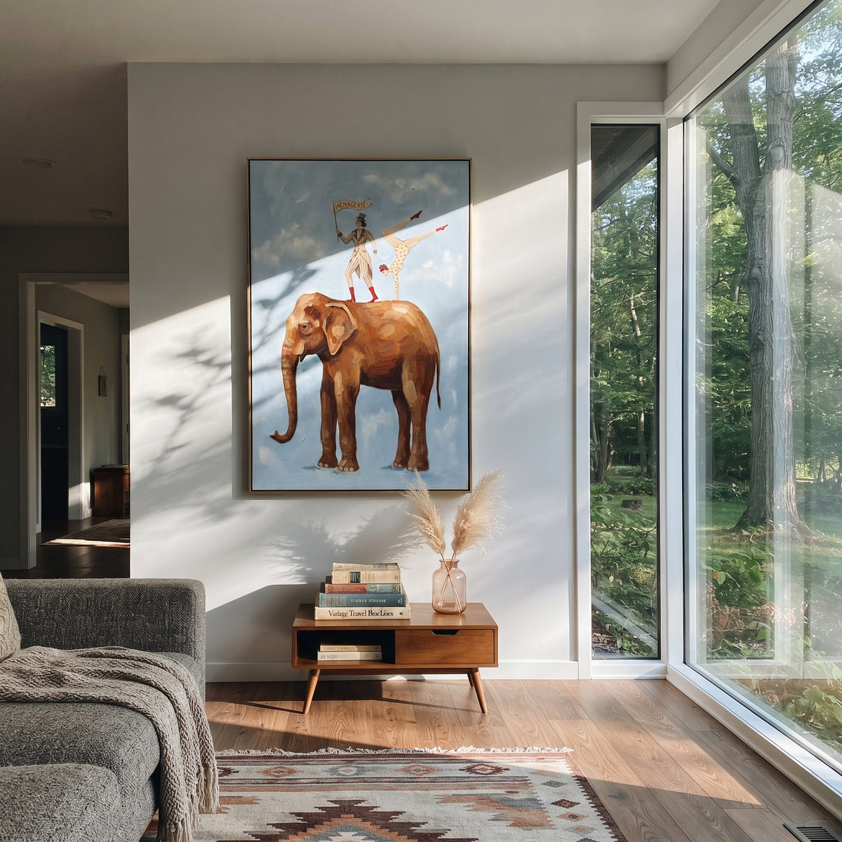 Wandering Mossy Long-Legged Horse focuses on a tall horse with performers and flags in a theatrical field. The composition keeps the principal subject clearly separated from the painted field, so the eye can follow the specific gesture, silhouette, garment, fur, petal, ridge, or river visible in this artwork. Its color relationships move between blue, red, and white, with lighter passages opening the focal area and deeper strokes giving the forms weight. Palette-knife edges, impasto ridges
