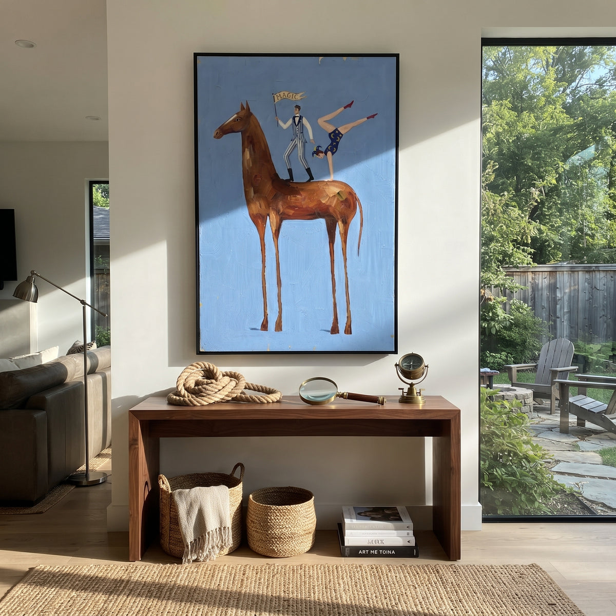 Midnight Mossy Long-Legged Horse focuses on a tall horse with performers and flags in a theatrical field. The composition keeps the principal subject clearly separated from the painted field, so the eye can follow the specific gesture, silhouette, garment, fur, petal, ridge, or river visible in this artwork. Its color relationships move between beige, black, and blue, with lighter passages opening the focal area and deeper strokes giving the forms weight. Palette-knife edges, impasto ridges