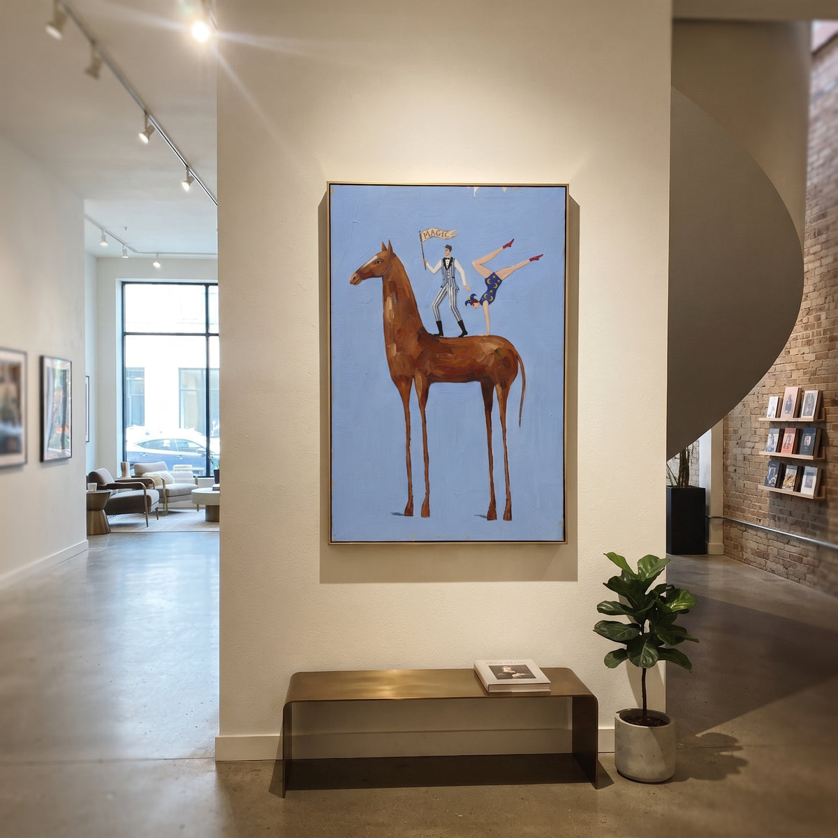 Midnight Mossy Long-Legged Horse focuses on a tall horse with performers and flags in a theatrical field. The composition keeps the principal subject clearly separated from the painted field, so the eye can follow the specific gesture, silhouette, garment, fur, petal, ridge, or river visible in this artwork. Its color relationships move between beige, black, and blue, with lighter passages opening the focal area and deeper strokes giving the forms weight. Palette-knife edges, impasto ridges