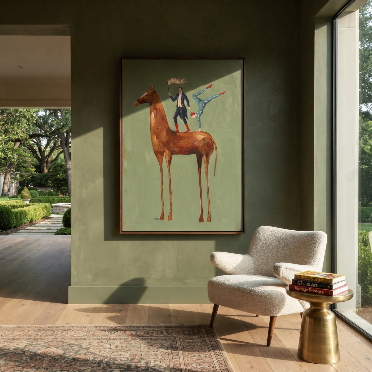 Quiet Golden Long-Legged Horse focuses on a tall horse with performers and flags in a theatrical field. The composition keeps the principal subject clearly separated from the painted field, so the eye can follow the specific gesture, silhouette, garment, fur, petal, ridge, or river visible in this artwork. Its color relationships move between blue, beige, and brown, with lighter passages opening the focal area and deeper strokes giving the forms weight. Palette-knife edges, impasto ridges