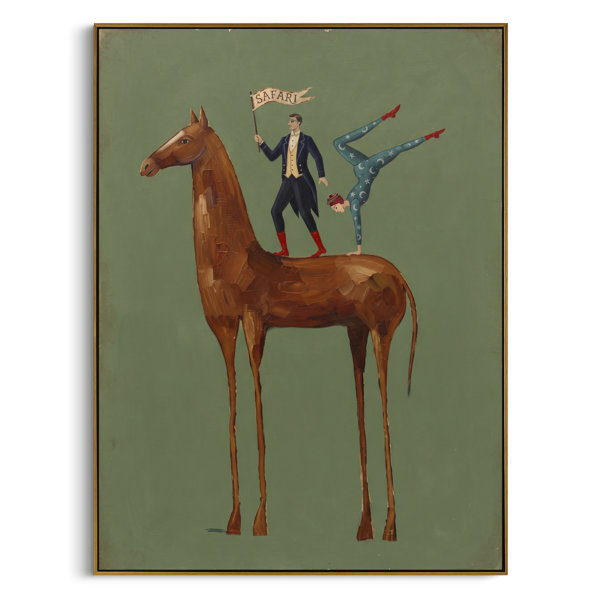 Quiet Golden Long-Legged Horse focuses on a tall horse with performers and flags in a theatrical field. The composition keeps the principal subject clearly separated from the painted field, so the eye can follow the specific gesture, silhouette, garment, fur, petal, ridge, or river visible in this artwork. Its color relationships move between blue, beige, and brown, with lighter passages opening the focal area and deeper strokes giving the forms weight. Palette-knife edges, impasto ridges