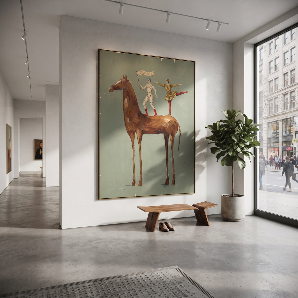 Luminous Golden Long-Legged Horse focuses on a tall horse with performers and flags in a theatrical field. The composition keeps the principal subject clearly separated from the painted field, so the eye can follow the specific gesture, silhouette, garment, fur, petal, ridge, or river visible in this artwork. Its color relationships move between orange, pink, and green, with lighter passages opening the focal area and deeper strokes giving the forms weight. Palette-knife edges, impasto ridges
