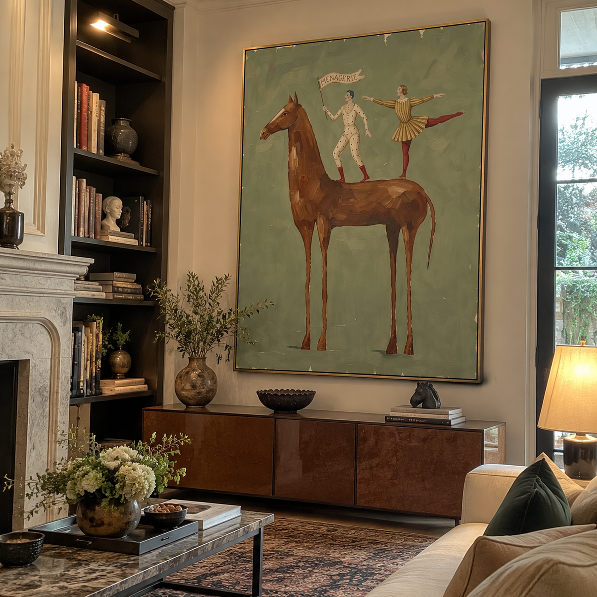 Luminous Golden Long-Legged Horse focuses on a tall horse with performers and flags in a theatrical field. The composition keeps the principal subject clearly separated from the painted field, so the eye can follow the specific gesture, silhouette, garment, fur, petal, ridge, or river visible in this artwork. Its color relationships move between orange, pink, and green, with lighter passages opening the focal area and deeper strokes giving the forms weight. Palette-knife edges, impasto ridges
