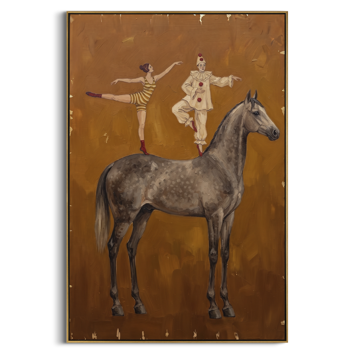 Tender Golden Long-Legged Horse focuses on a tall horse with performers and flags in a theatrical field. The composition keeps the principal subject clearly separated from the painted field, so the eye can follow the specific gesture, silhouette, garment, fur, petal, ridge, or river visible in this artwork. Its color relationships move between green, yellow, and beige, with lighter passages opening the focal area and deeper strokes giving the forms weight. Palette-knife edges, impasto ridges