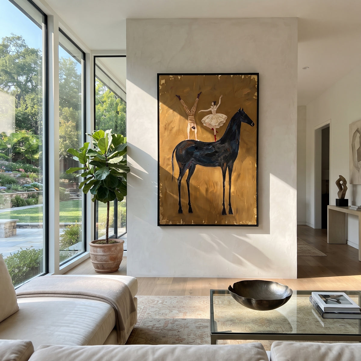 Cobalt Golden Long-Legged Horse focuses on a tall horse with performers and flags in a theatrical field. The composition keeps the principal subject clearly separated from the painted field, so the eye can follow the specific gesture, silhouette, garment, fur, petal, ridge, or river visible in this artwork. Its color relationships move between blue, grey, and white, with lighter passages opening the focal area and deeper strokes giving the forms weight. Palette-knife edges, impasto ridges