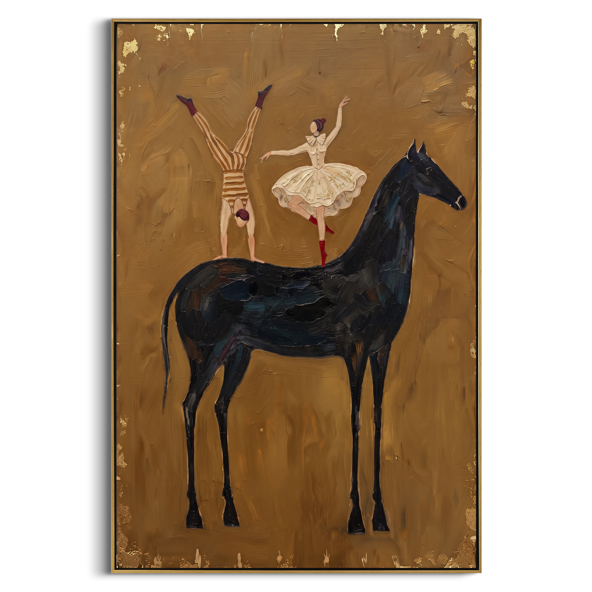 Cobalt Golden Long-Legged Horse focuses on a tall horse with performers and flags in a theatrical field. The composition keeps the principal subject clearly separated from the painted field, so the eye can follow the specific gesture, silhouette, garment, fur, petal, ridge, or river visible in this artwork. Its color relationships move between blue, grey, and white, with lighter passages opening the focal area and deeper strokes giving the forms weight. Palette-knife edges, impasto ridges