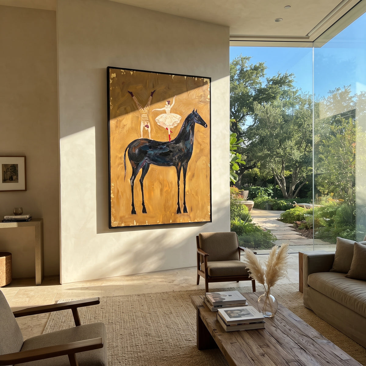 Cobalt Golden Long-Legged Horse focuses on a tall horse with performers and flags in a theatrical field. The composition keeps the principal subject clearly separated from the painted field, so the eye can follow the specific gesture, silhouette, garment, fur, petal, ridge, or river visible in this artwork. Its color relationships move between blue, grey, and white, with lighter passages opening the focal area and deeper strokes giving the forms weight. Palette-knife edges, impasto ridges