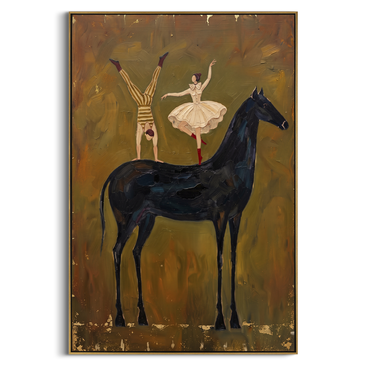 Mossy Golden Long-Legged Horse focuses on a tall horse with performers and flags in a theatrical field. The composition keeps the principal subject clearly separated from the painted field, so the eye can follow the specific gesture, silhouette, garment, fur, petal, ridge, or river visible in this artwork. Its color relationships move between green, brown, and yellow, with lighter passages opening the focal area and deeper strokes giving the forms weight. Palette-knife edges, impasto ridges