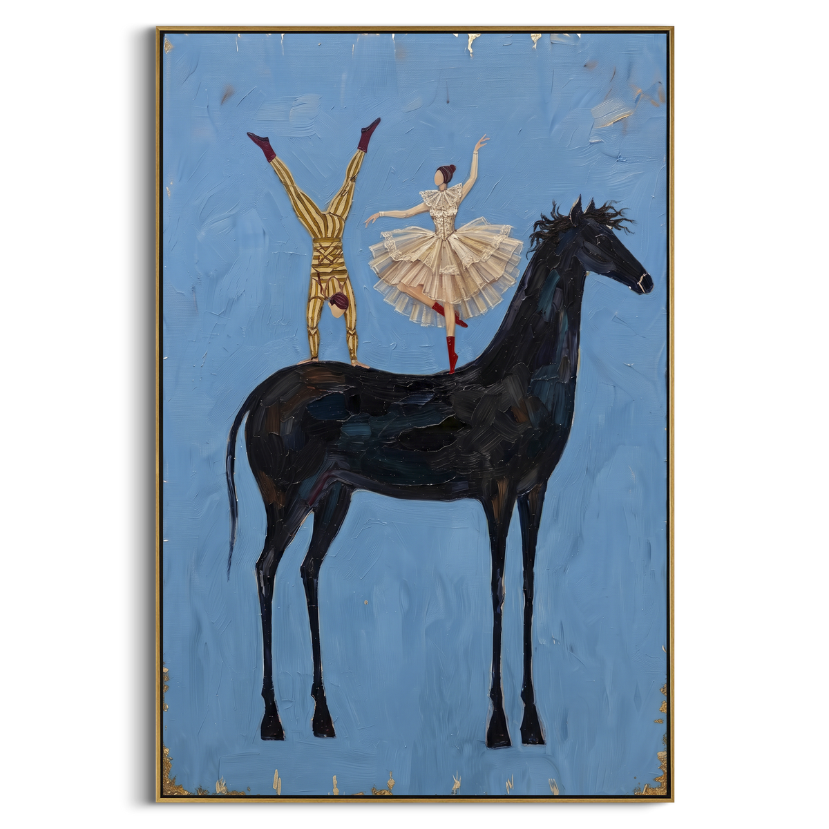 Golden Golden Long-Legged Horse focuses on a tall horse with performers and flags in a theatrical field. The composition keeps the principal subject clearly separated from the painted field, so the eye can follow the specific gesture, silhouette, garment, fur, petal, ridge, or river visible in this artwork. Its color relationships move between orange, black, and beige, with lighter passages opening the focal area and deeper strokes giving the forms weight. Palette-knife edges, impasto ridges