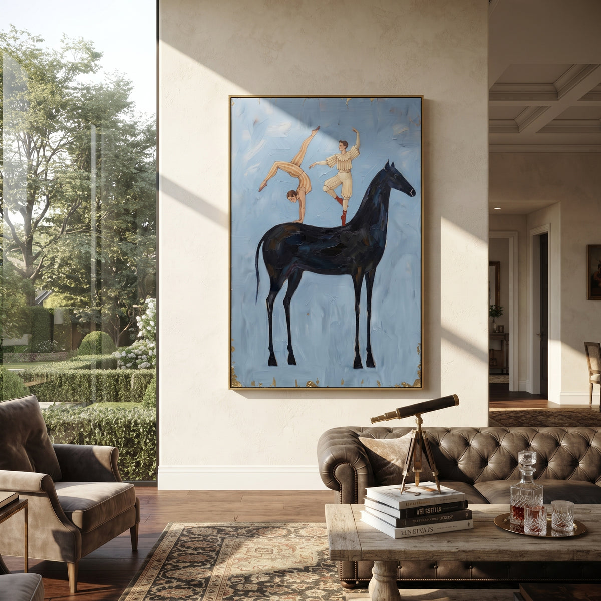 Soft Golden Long-Legged Horse focuses on a tall horse with performers and flags in a theatrical field. The composition keeps the principal subject clearly separated from the painted field, so the eye can follow the specific gesture, silhouette, garment, fur, petal, ridge, or river visible in this artwork. Its color relationships move between blue, red, and white, with lighter passages opening the focal area and deeper strokes giving the forms weight. Palette-knife edges, impasto ridges, broken