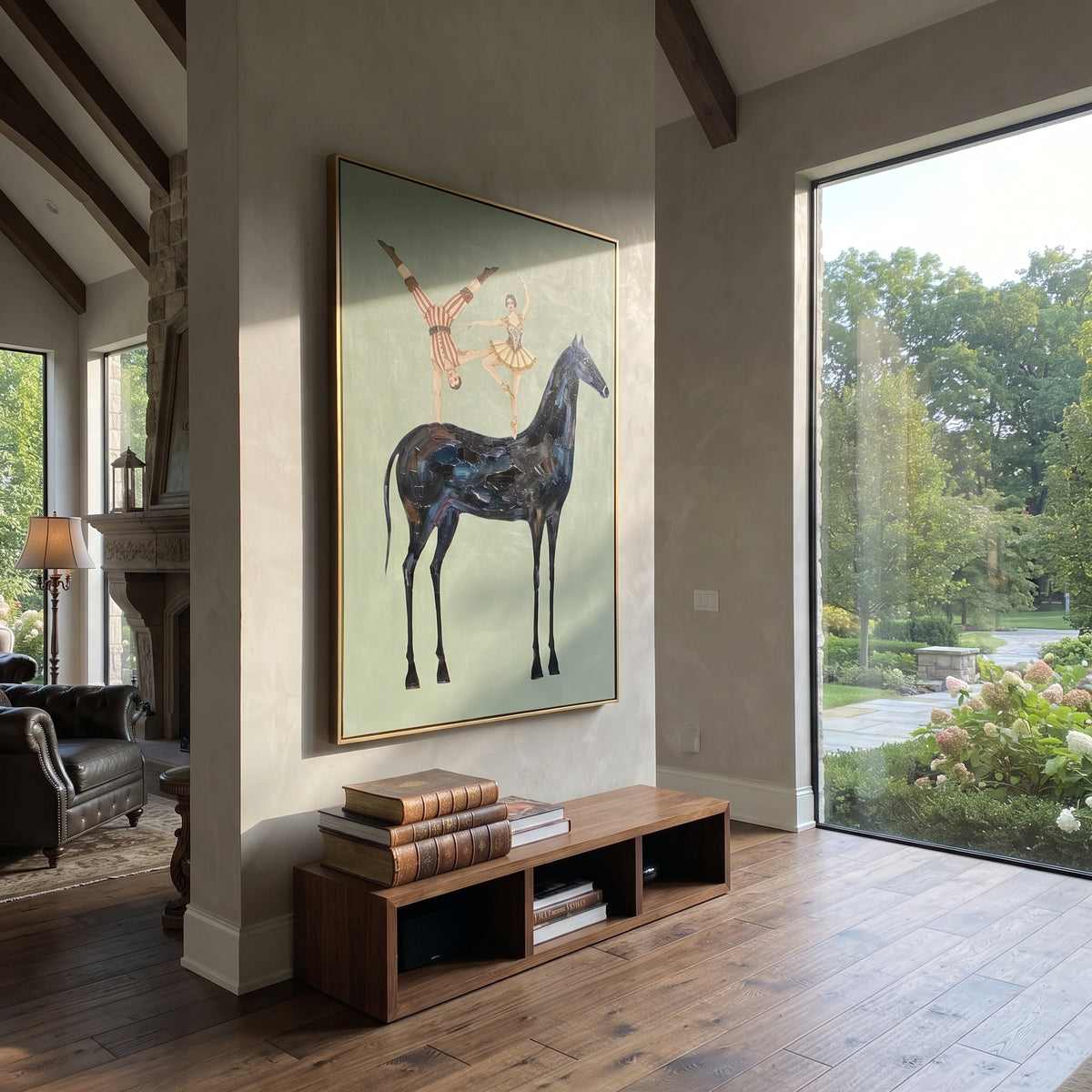 Restful Golden Long-Legged Horse focuses on a tall horse with performers and flags in a theatrical field. The composition keeps the principal subject clearly separated from the painted field, so the eye can follow the specific gesture, silhouette, garment, fur, petal, ridge, or river visible in this artwork. Its color relationships move between green, grey, and pink, with lighter passages opening the focal area and deeper strokes giving the forms weight. Palette-knife edges, impasto ridges
