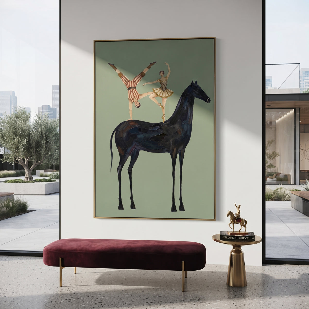 Restful Golden Long-Legged Horse focuses on a tall horse with performers and flags in a theatrical field. The composition keeps the principal subject clearly separated from the painted field, so the eye can follow the specific gesture, silhouette, garment, fur, petal, ridge, or river visible in this artwork. Its color relationships move between green, grey, and pink, with lighter passages opening the focal area and deeper strokes giving the forms weight. Palette-knife edges, impasto ridges