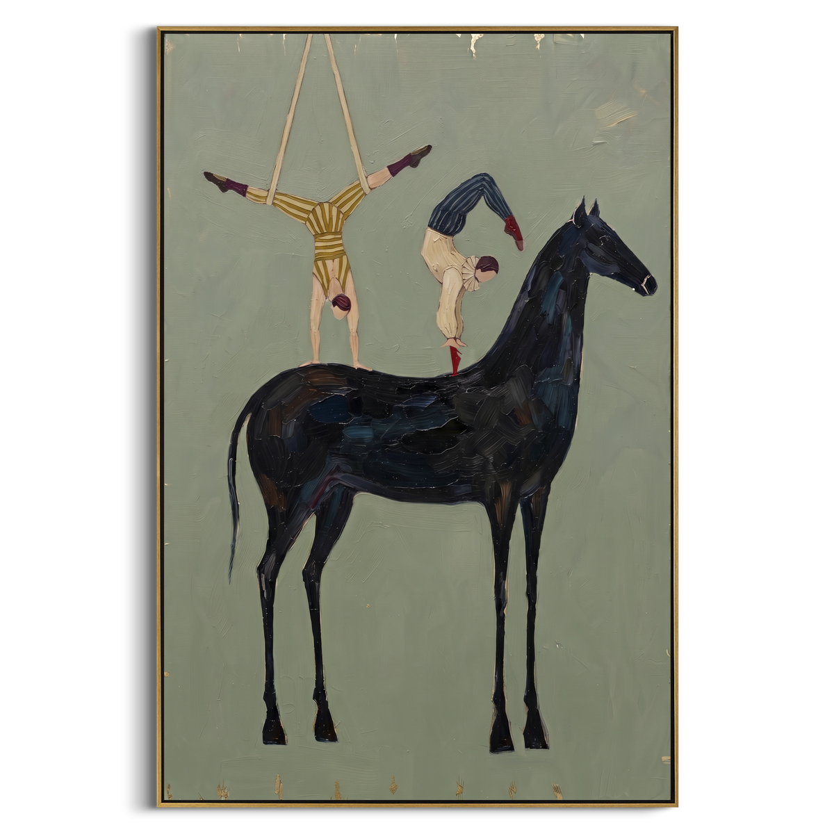 Playful Golden Long-Legged Horse focuses on a tall horse with performers and flags in a theatrical field. The composition keeps the principal subject clearly separated from the painted field, so the eye can follow the specific gesture, silhouette, garment, fur, petal, ridge, or river visible in this artwork. Its color relationships move between beige, black, and blue, with lighter passages opening the focal area and deeper strokes giving the forms weight. Palette-knife edges, impasto ridges