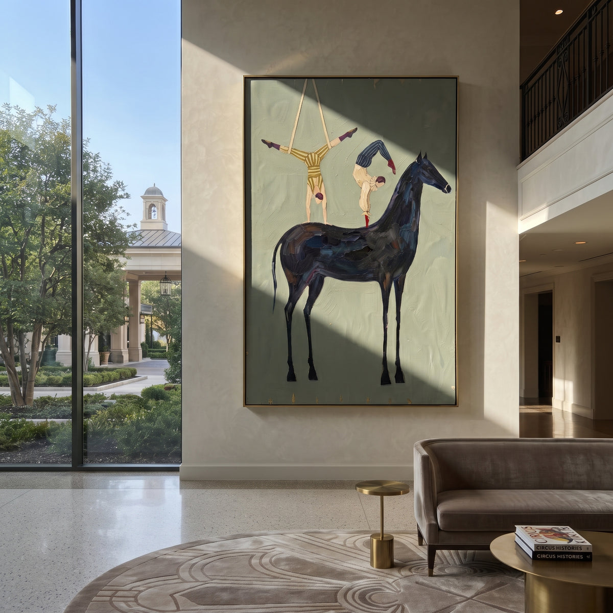 Playful Golden Long-Legged Horse focuses on a tall horse with performers and flags in a theatrical field. The composition keeps the principal subject clearly separated from the painted field, so the eye can follow the specific gesture, silhouette, garment, fur, petal, ridge, or river visible in this artwork. Its color relationships move between beige, black, and blue, with lighter passages opening the focal area and deeper strokes giving the forms weight. Palette-knife edges, impasto ridges