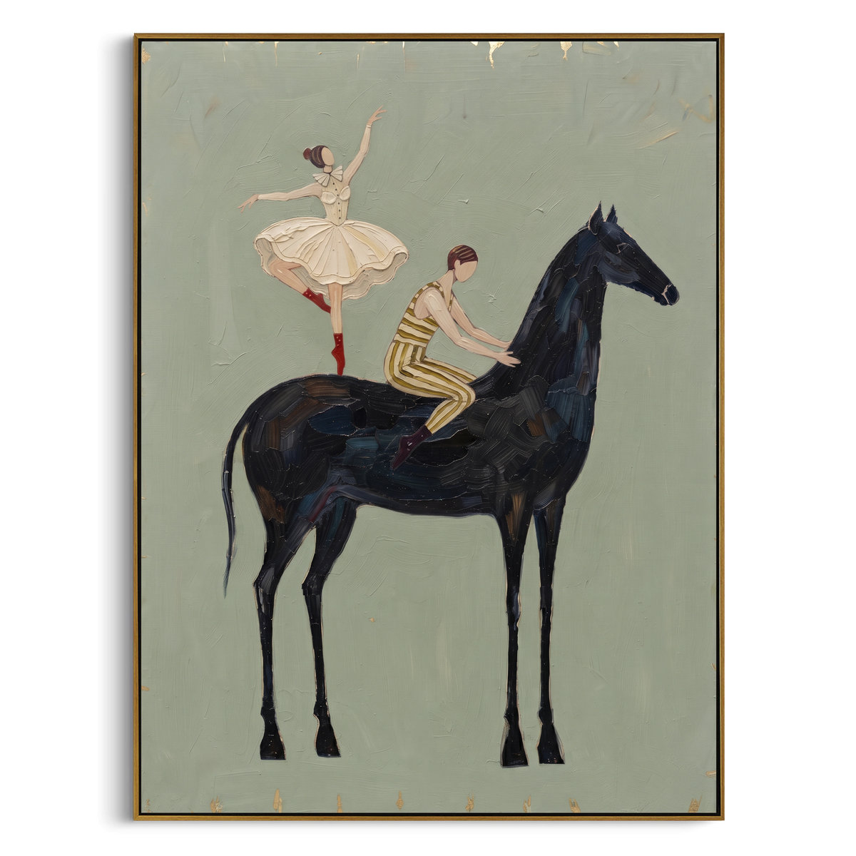 Distant Golden Long-Legged Horse focuses on a tall horse with performers and flags in a theatrical field. The composition keeps the principal subject clearly separated from the painted field, so the eye can follow the specific gesture, silhouette, garment, fur, petal, ridge, or river visible in this artwork. Its color relationships move between purple, green, and white, with lighter passages opening the focal area and deeper strokes giving the forms weight. Palette-knife edges, impasto ridges