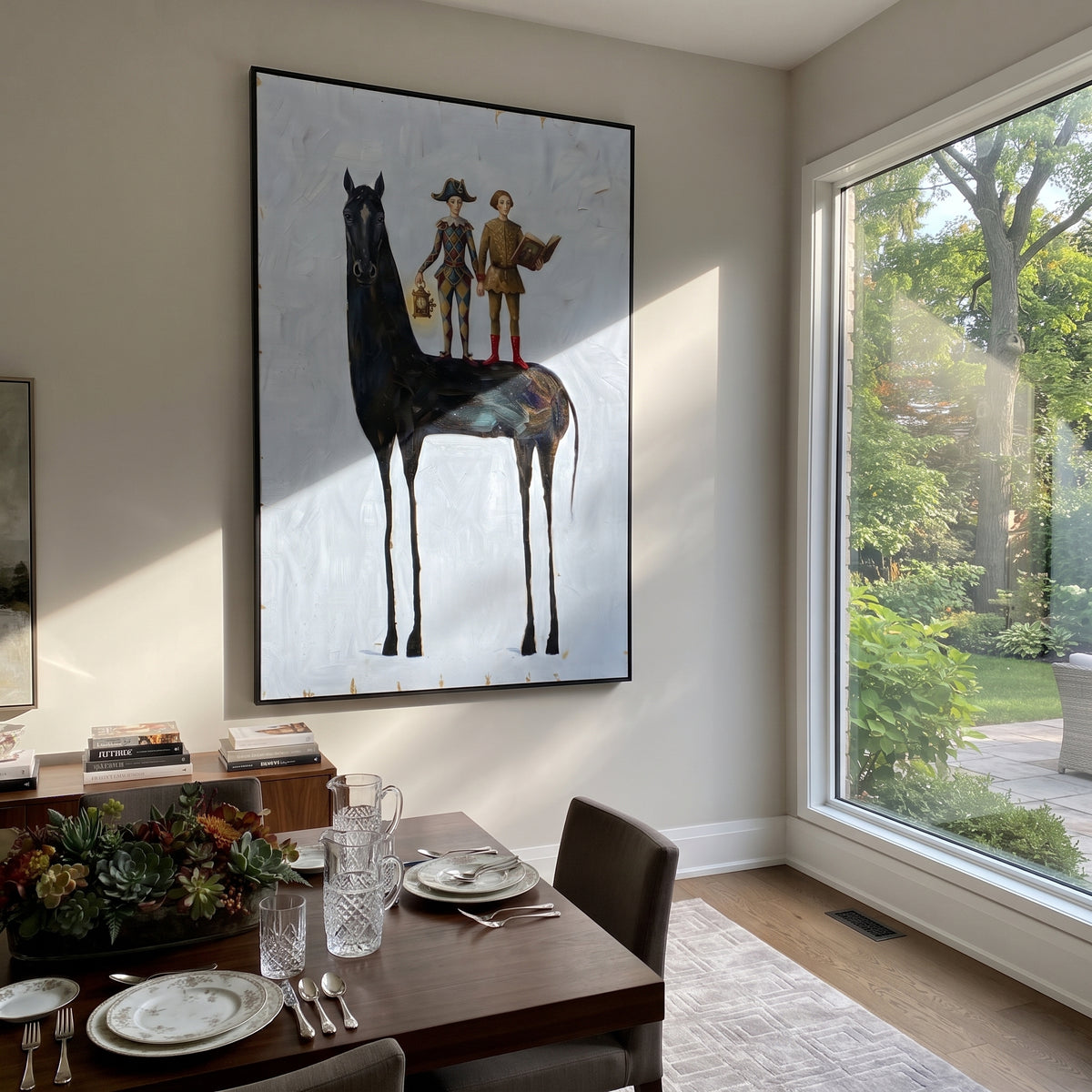 Still Golden Long-Legged Horse focuses on a tall horse with performers and flags in a theatrical field. The composition keeps the principal subject clearly separated from the painted field, so the eye can follow the specific gesture, silhouette, garment, fur, petal, ridge, or river visible in this artwork. Its color relationships move between blue, grey, and white, with lighter passages opening the focal area and deeper strokes giving the forms weight. Palette-knife edges, impasto ridges, broken