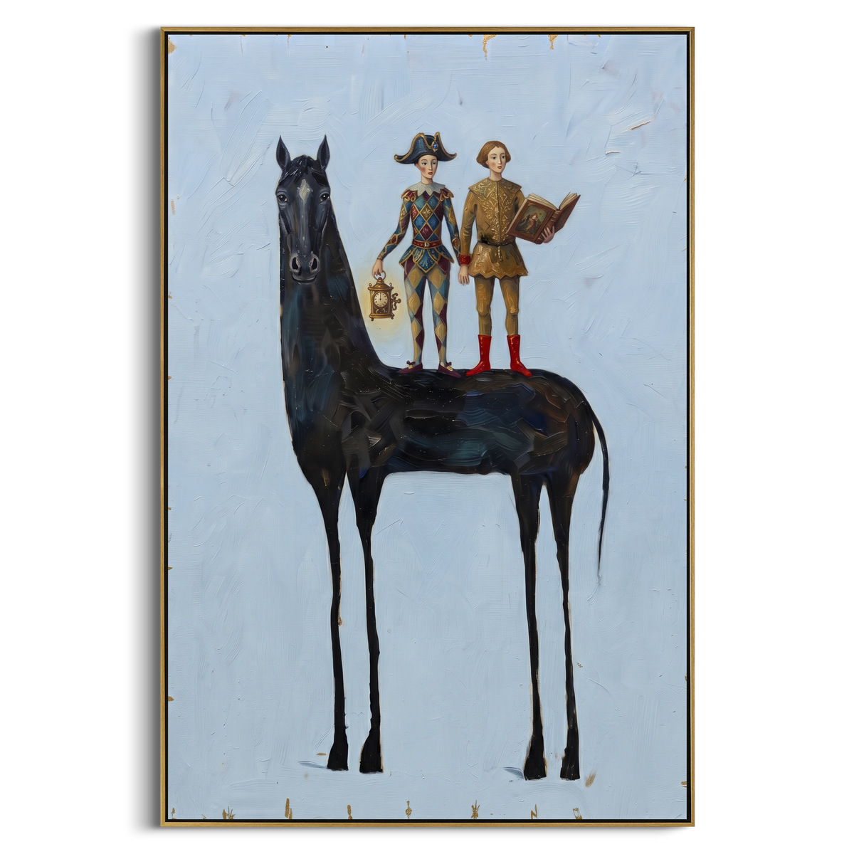 Still Golden Long-Legged Horse focuses on a tall horse with performers and flags in a theatrical field. The composition keeps the principal subject clearly separated from the painted field, so the eye can follow the specific gesture, silhouette, garment, fur, petal, ridge, or river visible in this artwork. Its color relationships move between blue, grey, and white, with lighter passages opening the focal area and deeper strokes giving the forms weight. Palette-knife edges, impasto ridges, broken