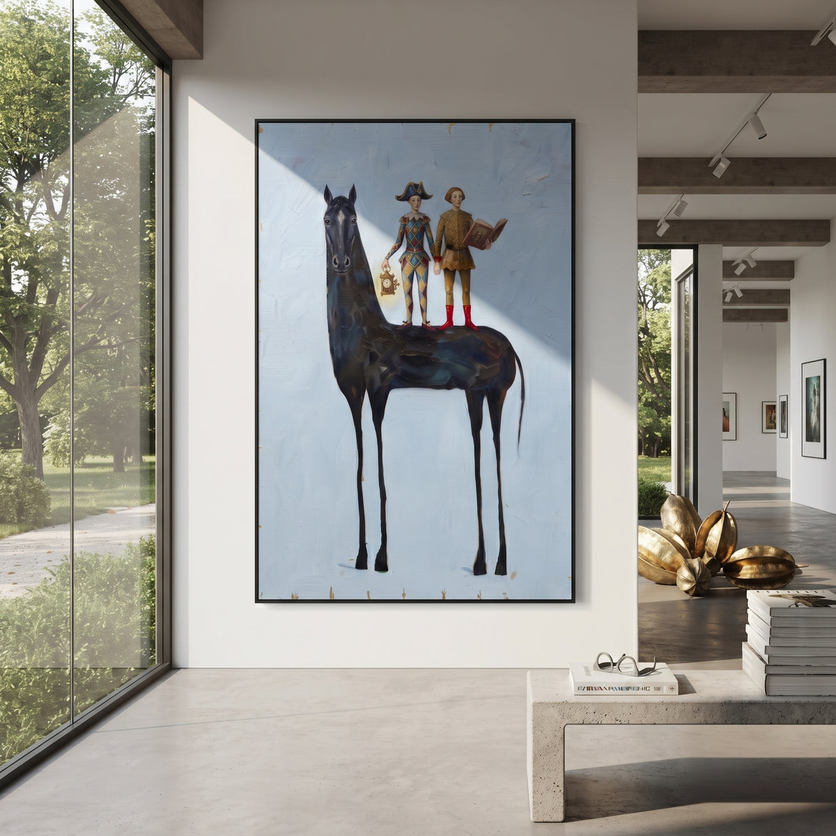 Still Golden Long-Legged Horse focuses on a tall horse with performers and flags in a theatrical field. The composition keeps the principal subject clearly separated from the painted field, so the eye can follow the specific gesture, silhouette, garment, fur, petal, ridge, or river visible in this artwork. Its color relationships move between blue, grey, and white, with lighter passages opening the focal area and deeper strokes giving the forms weight. Palette-knife edges, impasto ridges, broken