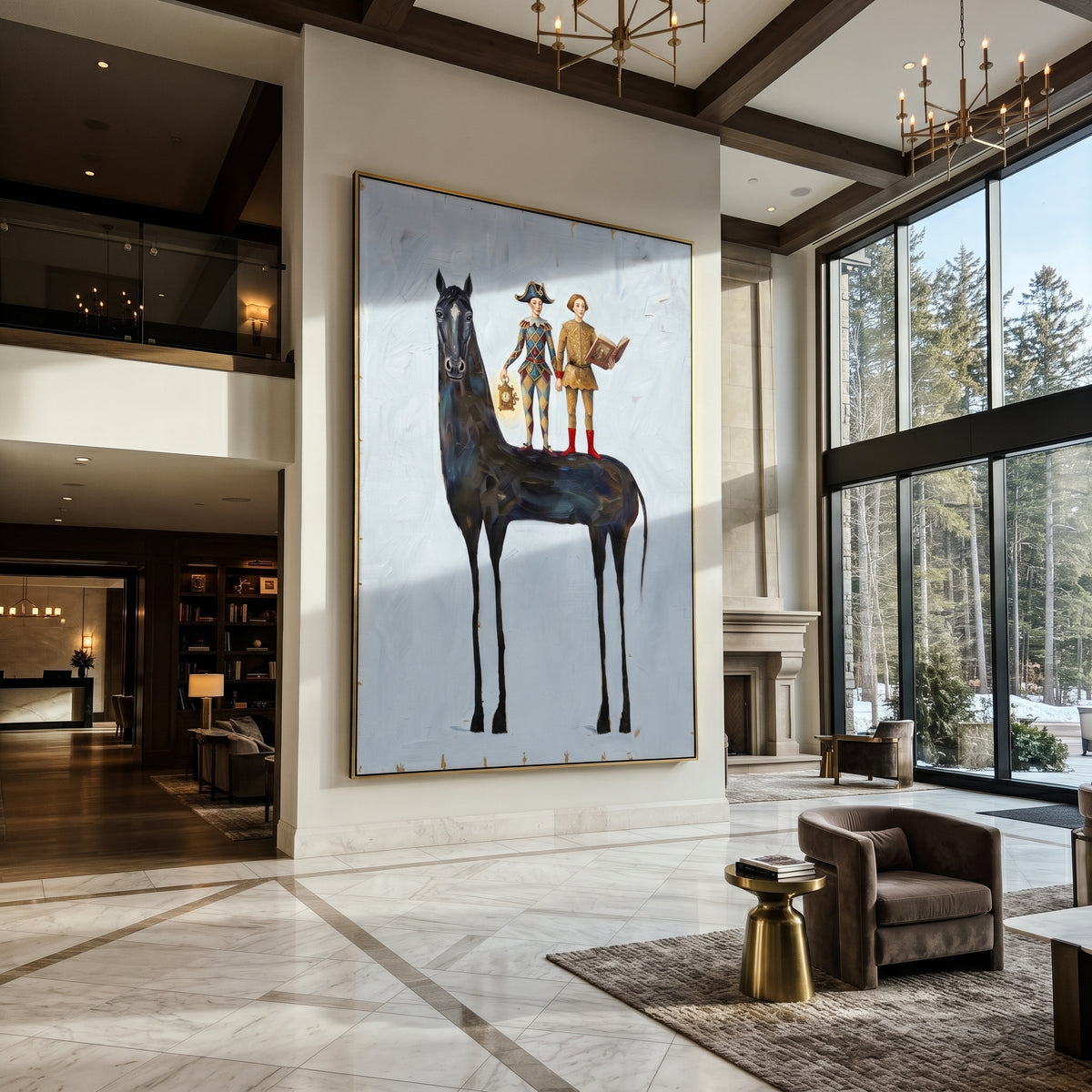 Still Golden Long-Legged Horse focuses on a tall horse with performers and flags in a theatrical field. The composition keeps the principal subject clearly separated from the painted field, so the eye can follow the specific gesture, silhouette, garment, fur, petal, ridge, or river visible in this artwork. Its color relationships move between blue, grey, and white, with lighter passages opening the focal area and deeper strokes giving the forms weight. Palette-knife edges, impasto ridges, broken
