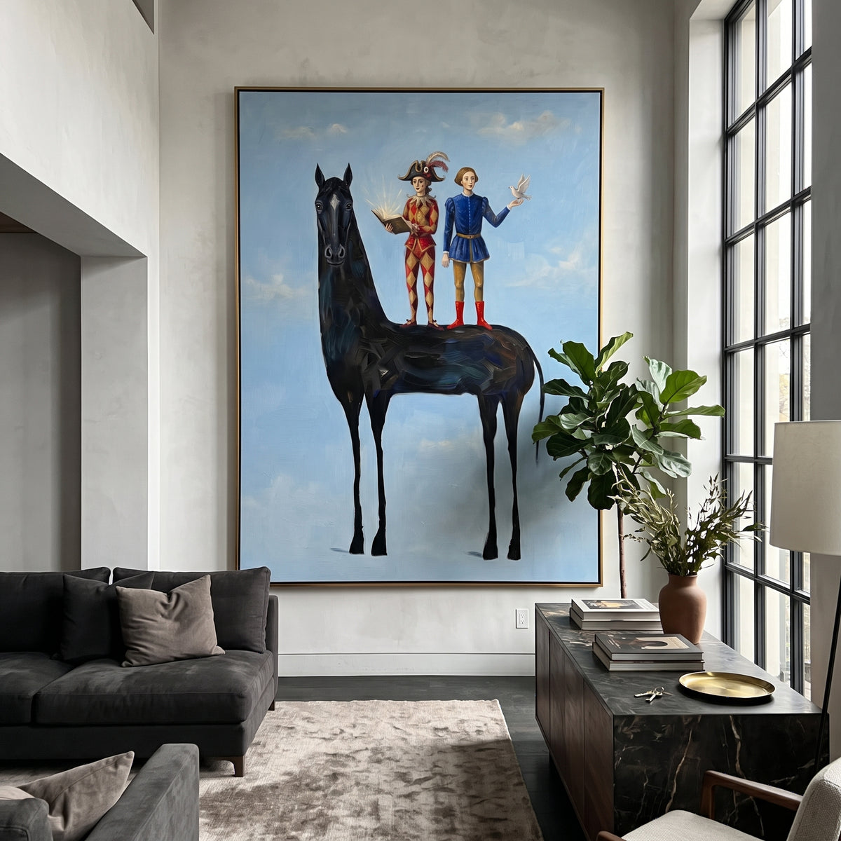 Gentle Golden Long-Legged Horse focuses on a tall horse with performers and flags in a theatrical field. The composition keeps the principal subject clearly separated from the painted field, so the eye can follow the specific gesture, silhouette, garment, fur, petal, ridge, or river visible in this artwork. Its color relationships move between green, brown, and yellow, with lighter passages opening the focal area and deeper strokes giving the forms weight. Palette-knife edges, impasto ridges