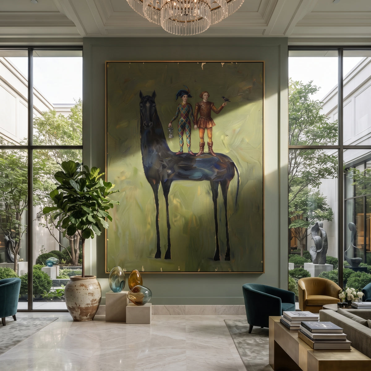 Open Golden Long-Legged Horse focuses on a tall horse with performers and flags in a theatrical field. The composition keeps the principal subject clearly separated from the painted field, so the eye can follow the specific gesture, silhouette, garment, fur, petal, ridge, or river visible in this artwork. Its color relationships move between orange, black, and beige, with lighter passages opening the focal area and deeper strokes giving the forms weight. Palette-knife edges, impasto ridges