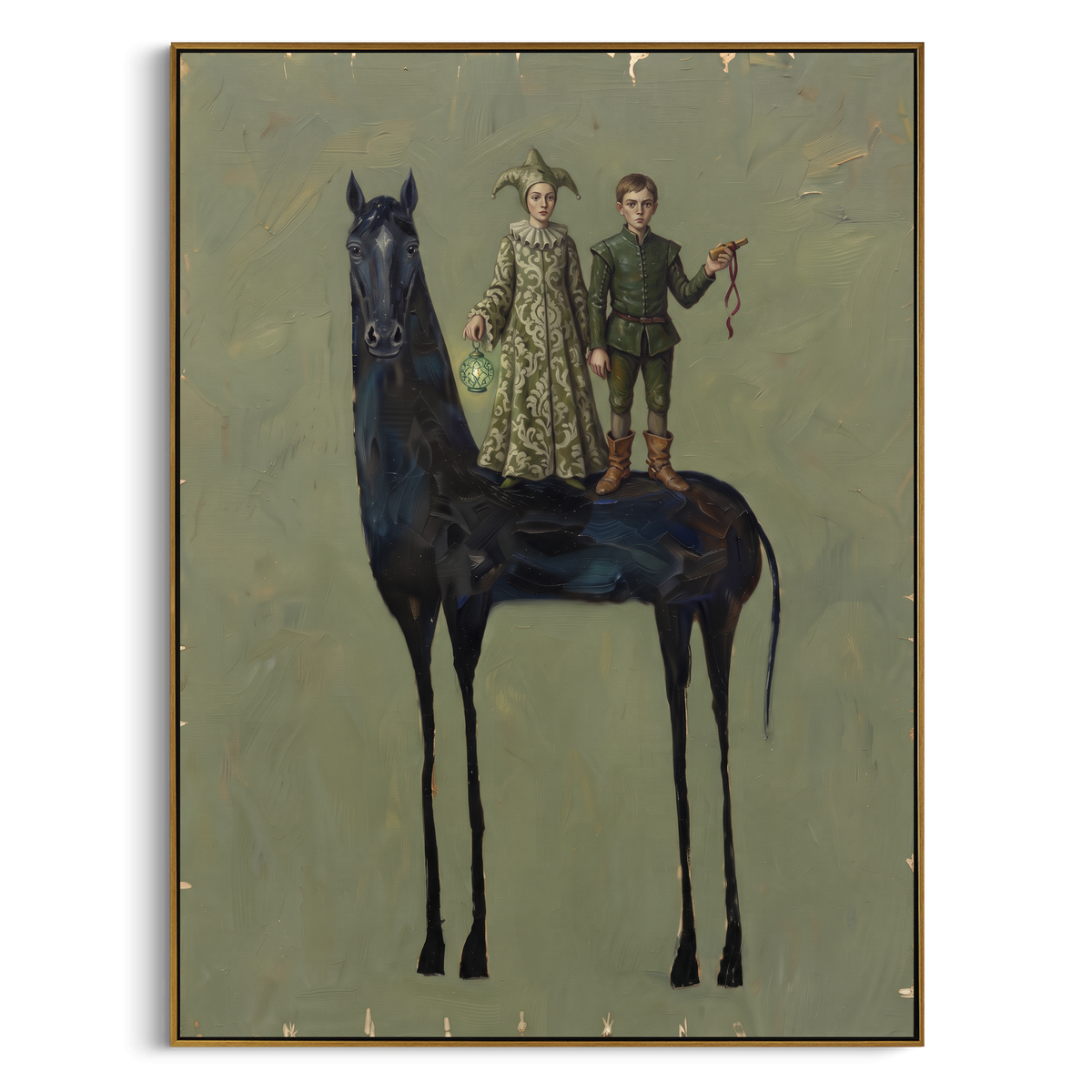 Wandering Golden Long-Legged Horse focuses on a tall horse with performers and flags in a theatrical field. The composition keeps the principal subject clearly separated from the painted field, so the eye can follow the specific gesture, silhouette, garment, fur, petal, ridge, or river visible in this artwork. Its color relationships move between blue, red, and white, with lighter passages opening the focal area and deeper strokes giving the forms weight. Palette-knife edges, impasto ridges