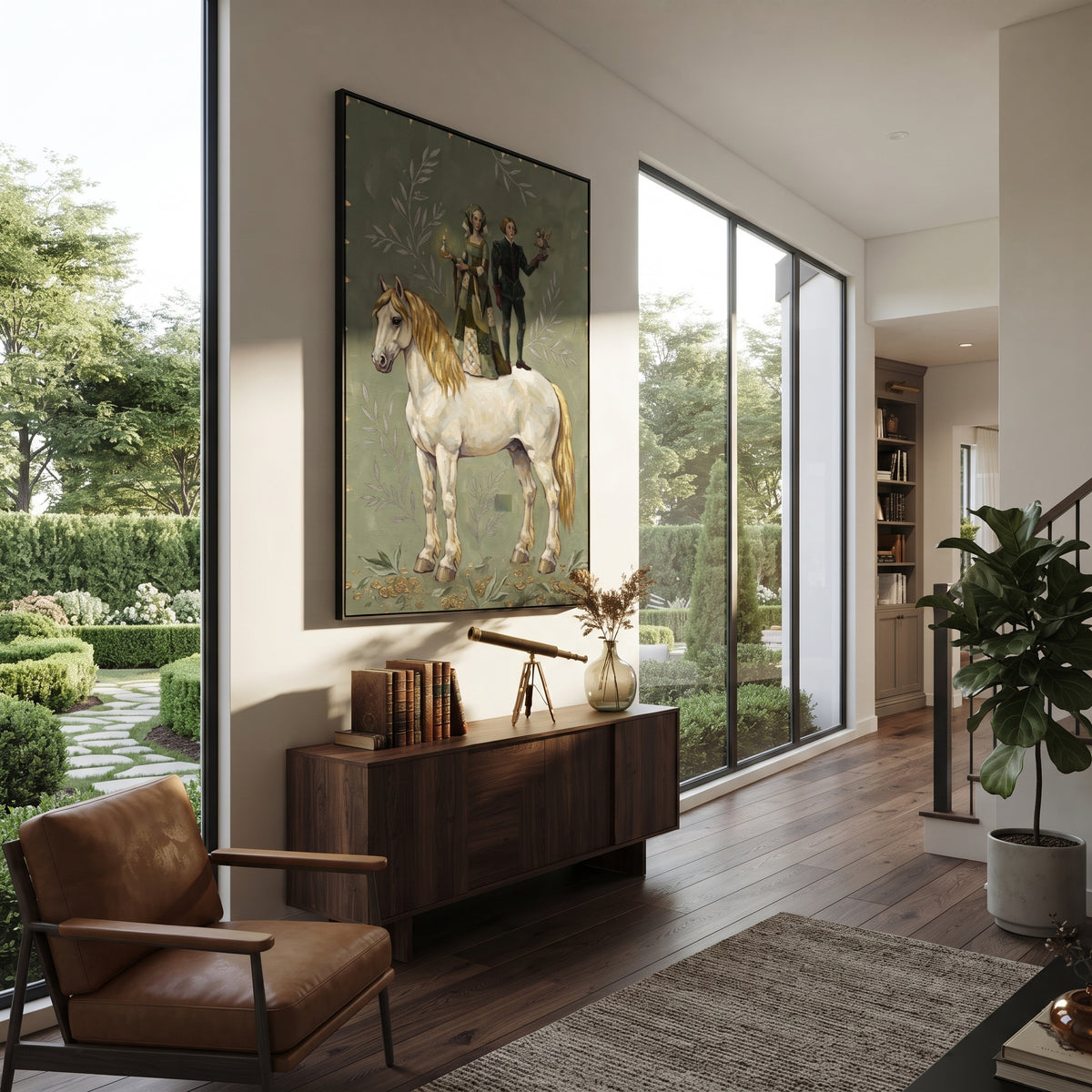 Reflective Golden Long-Legged Horse focuses on a tall horse with performers and flags in a theatrical field. The composition keeps the principal subject clearly separated from the painted field, so the eye can follow the specific gesture, silhouette, garment, fur, petal, ridge, or river visible in this artwork. Its color relationships move between green, grey, and pink, with lighter passages opening the focal area and deeper strokes giving the forms weight. Palette-knife edges, impasto ridges