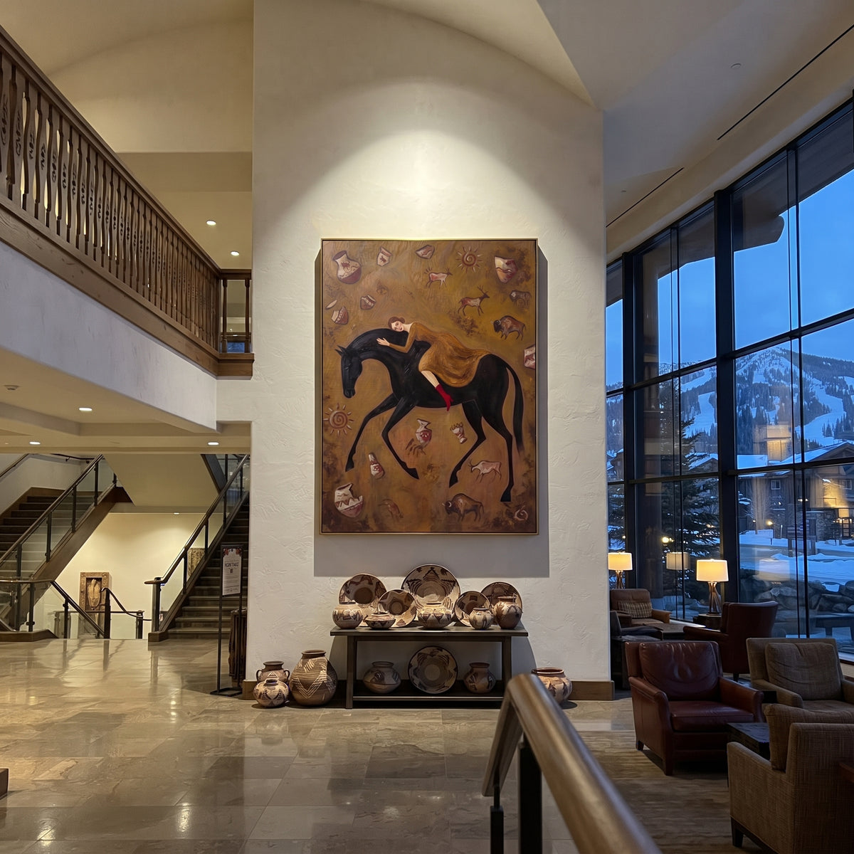 Midnight Golden Woman and Horse focuses on a quiet woman standing on a dark horse in a restrained field. The composition keeps the principal subject clearly separated from the painted field, so the eye can follow the specific gesture, silhouette, garment, fur, petal, ridge, or river visible in this artwork. Its color relationships move between beige, black, and blue, with lighter passages opening the focal area and deeper strokes giving the forms weight. Palette-knife edges, impasto ridges