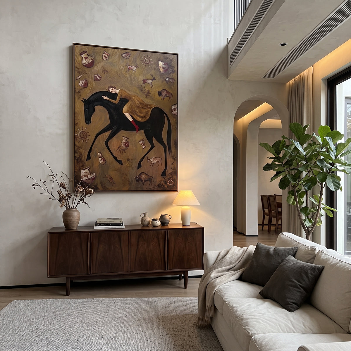 Midnight Golden Woman and Horse focuses on a quiet woman standing on a dark horse in a restrained field. The composition keeps the principal subject clearly separated from the painted field, so the eye can follow the specific gesture, silhouette, garment, fur, petal, ridge, or river visible in this artwork. Its color relationships move between beige, black, and blue, with lighter passages opening the focal area and deeper strokes giving the forms weight. Palette-knife edges, impasto ridges