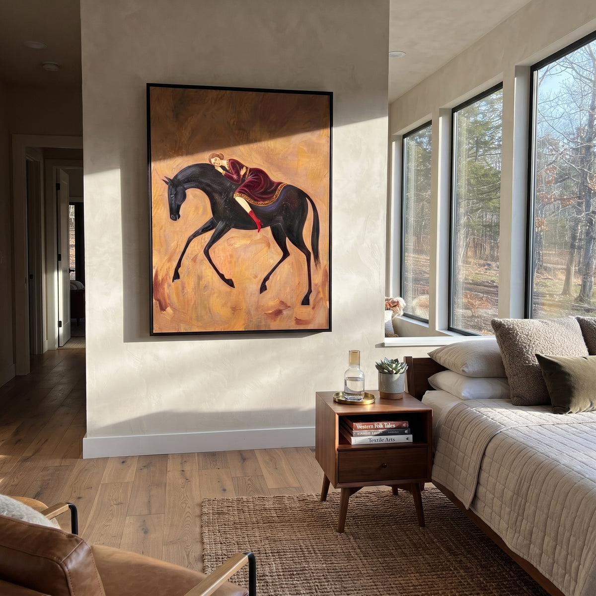 Storybook Golden Woman and Horse focuses on a quiet woman standing on a dark horse in a restrained field. The composition keeps the principal subject clearly separated from the painted field, so the eye can follow the specific gesture, silhouette, garment, fur, petal, ridge, or river visible in this artwork. Its color relationships move between purple, green, and white, with lighter passages opening the focal area and deeper strokes giving the forms weight. Palette-knife edges, impasto ridges