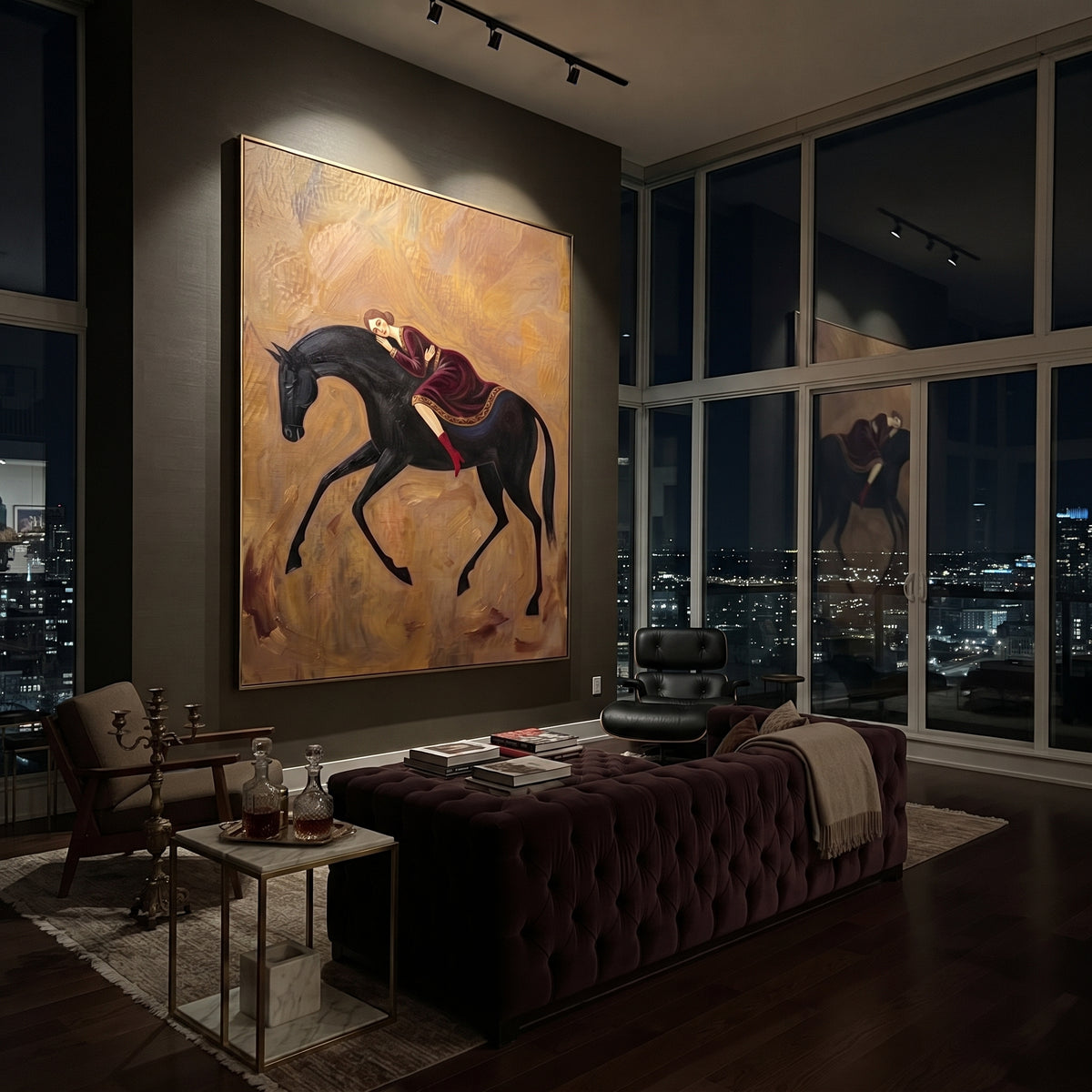 Storybook Golden Woman and Horse focuses on a quiet woman standing on a dark horse in a restrained field. The composition keeps the principal subject clearly separated from the painted field, so the eye can follow the specific gesture, silhouette, garment, fur, petal, ridge, or river visible in this artwork. Its color relationships move between purple, green, and white, with lighter passages opening the focal area and deeper strokes giving the forms weight. Palette-knife edges, impasto ridges