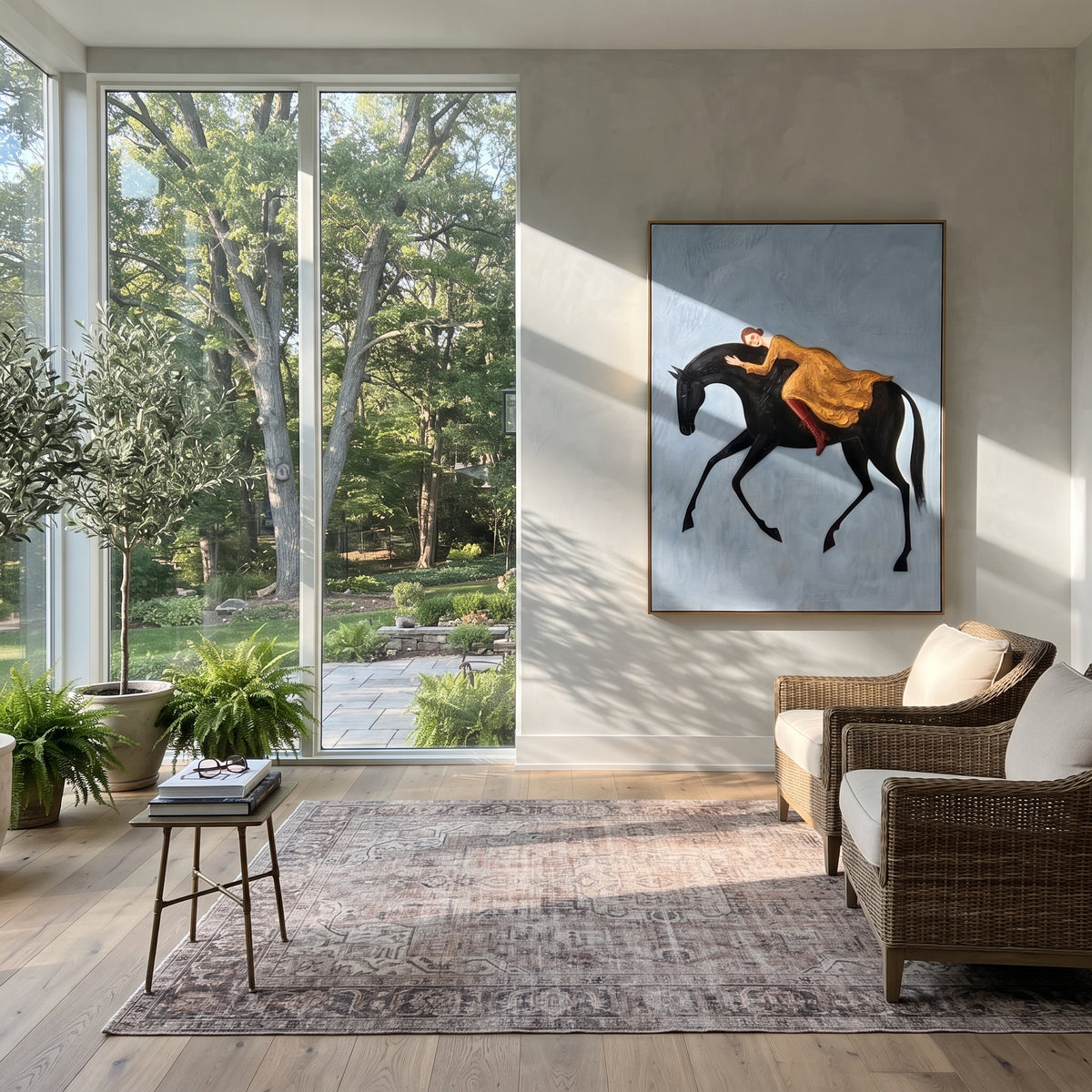 Luminous Soft Woman and Horse focuses on a quiet woman standing on a dark horse in a restrained field. The composition keeps the principal subject clearly separated from the painted field, so the eye can follow the specific gesture, silhouette, garment, fur, petal, ridge, or river visible in this artwork. Its color relationships move between orange, pink, and green, with lighter passages opening the focal area and deeper strokes giving the forms weight. Palette-knife edges, impasto ridges