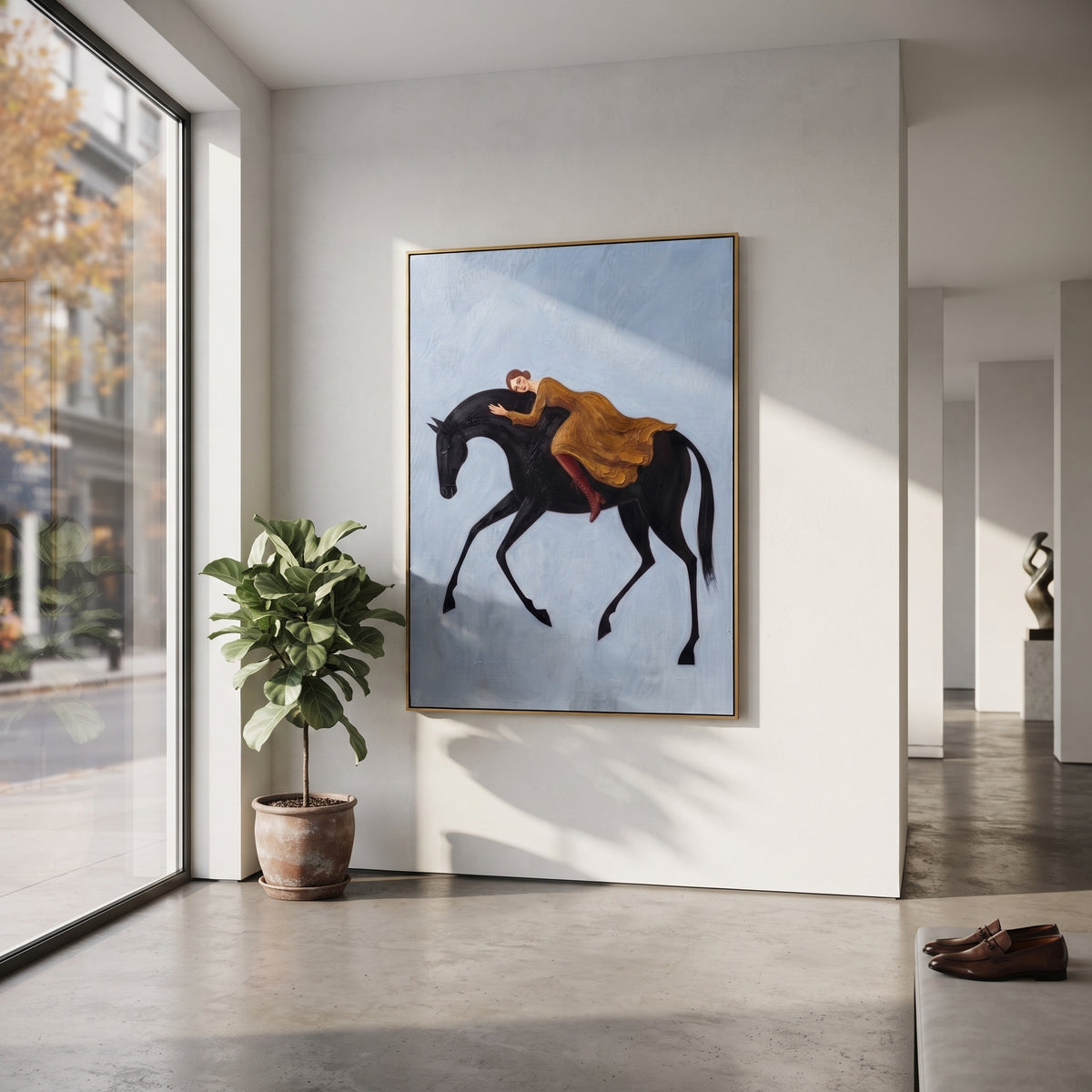 Luminous Soft Woman and Horse focuses on a quiet woman standing on a dark horse in a restrained field. The composition keeps the principal subject clearly separated from the painted field, so the eye can follow the specific gesture, silhouette, garment, fur, petal, ridge, or river visible in this artwork. Its color relationships move between orange, pink, and green, with lighter passages opening the focal area and deeper strokes giving the forms weight. Palette-knife edges, impasto ridges