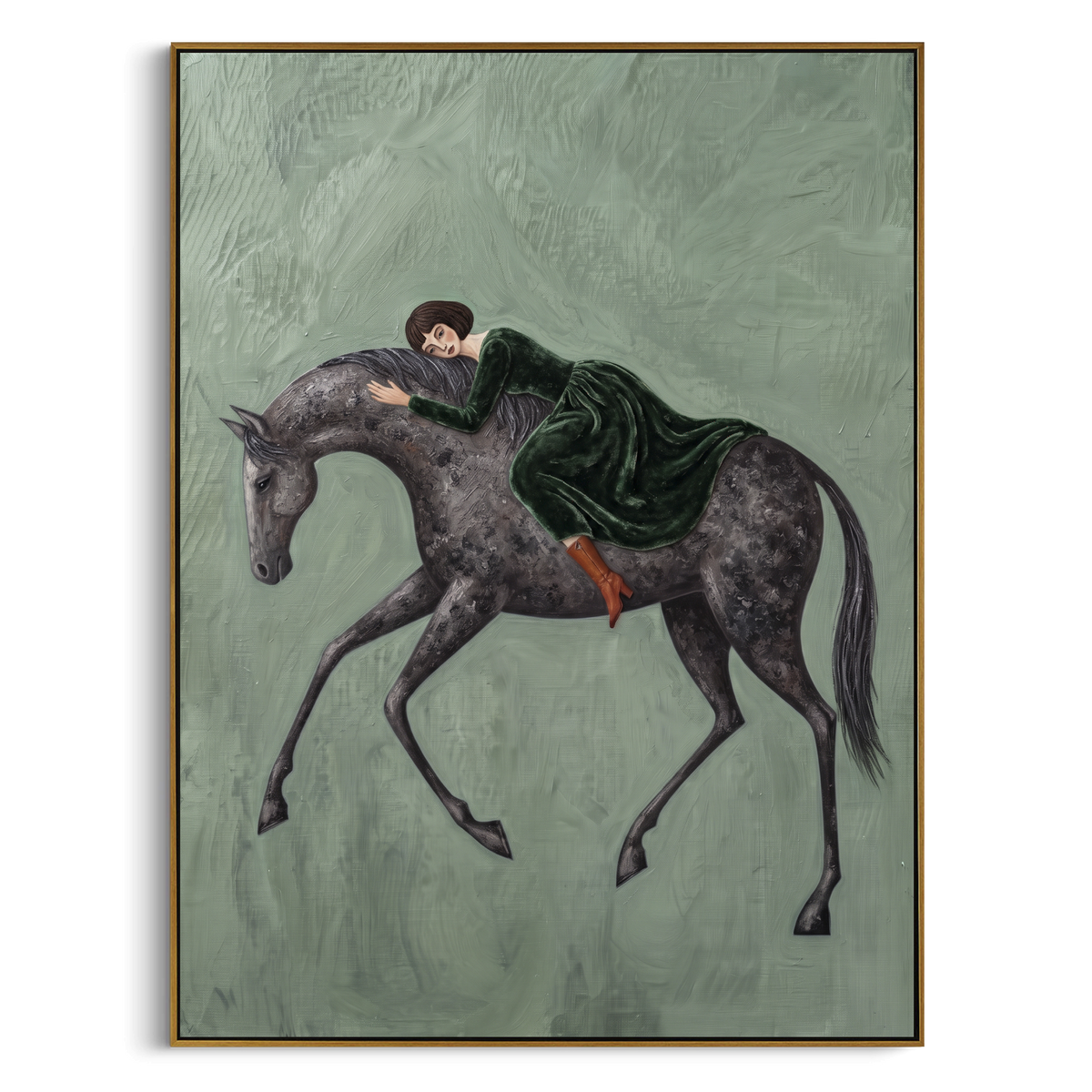 Cobalt Soft Woman and Horse focuses on a quiet woman standing on a dark horse in a restrained field. The composition keeps the principal subject clearly separated from the painted field, so the eye can follow the specific gesture, silhouette, garment, fur, petal, ridge, or river visible in this artwork. Its color relationships move between blue, grey, and white, with lighter passages opening the focal area and deeper strokes giving the forms weight. Palette-knife edges, impasto ridges, broken