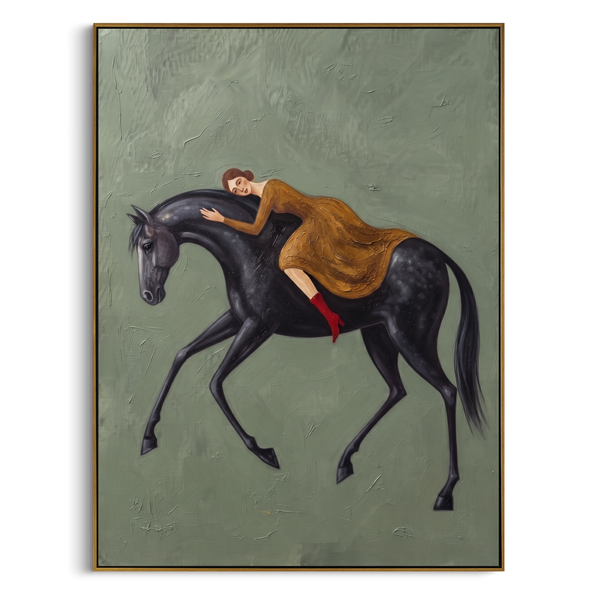 Mossy Soft Woman and Horse focuses on a quiet woman standing on a dark horse in a restrained field. The composition keeps the principal subject clearly separated from the painted field, so the eye can follow the specific gesture, silhouette, garment, fur, petal, ridge, or river visible in this artwork. Its color relationships move between green, brown, and yellow, with lighter passages opening the focal area and deeper strokes giving the forms weight. Palette-knife edges, impasto ridges, broken