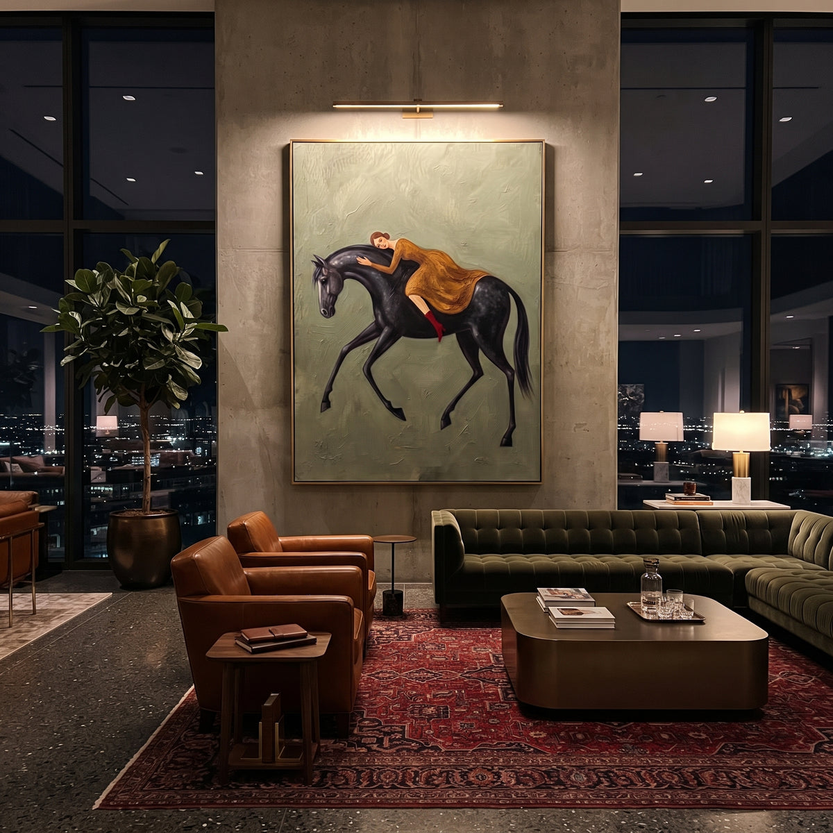 Mossy Soft Woman and Horse focuses on a quiet woman standing on a dark horse in a restrained field. The composition keeps the principal subject clearly separated from the painted field, so the eye can follow the specific gesture, silhouette, garment, fur, petal, ridge, or river visible in this artwork. Its color relationships move between green, brown, and yellow, with lighter passages opening the focal area and deeper strokes giving the forms weight. Palette-knife edges, impasto ridges, broken