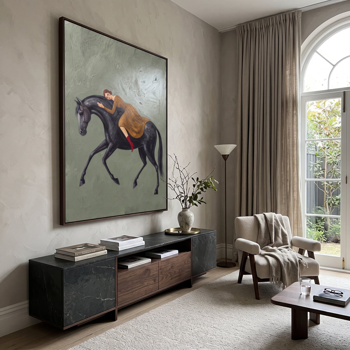 Mossy Soft Woman and Horse focuses on a quiet woman standing on a dark horse in a restrained field. The composition keeps the principal subject clearly separated from the painted field, so the eye can follow the specific gesture, silhouette, garment, fur, petal, ridge, or river visible in this artwork. Its color relationships move between green, brown, and yellow, with lighter passages opening the focal area and deeper strokes giving the forms weight. Palette-knife edges, impasto ridges, broken