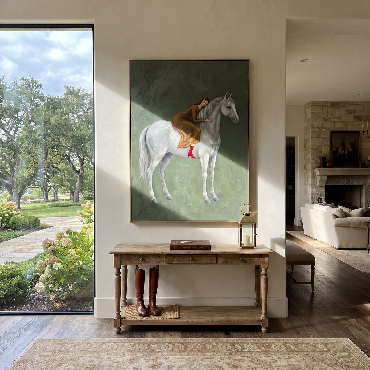 Golden Soft Woman and Horse focuses on a quiet woman standing on a dark horse in a restrained field. The composition keeps the principal subject clearly separated from the painted field, so the eye can follow the specific gesture, silhouette, garment, fur, petal, ridge, or river visible in this artwork. Its color relationships move between orange, black, and beige, with lighter passages opening the focal area and deeper strokes giving the forms weight. Palette-knife edges, impasto ridges, broken